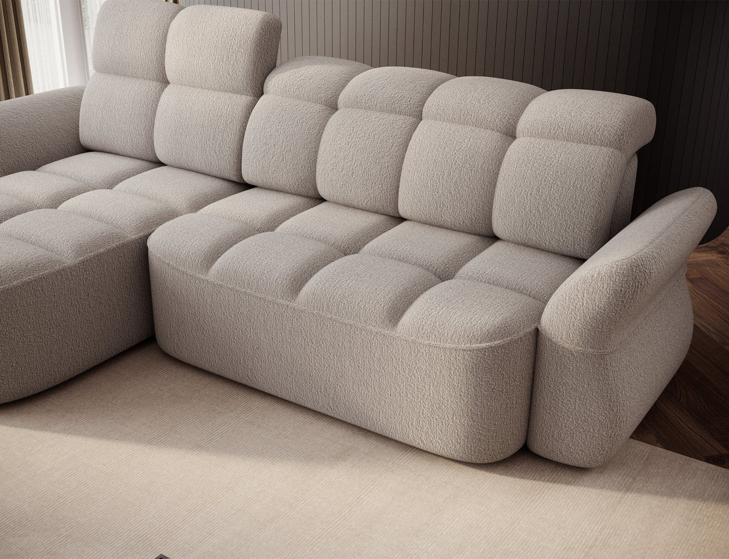 Beżowy narożnik L-kształtny lewy z funkcją spania, elektrycznym wysuwem siedziska i pojemnikiem na pościel