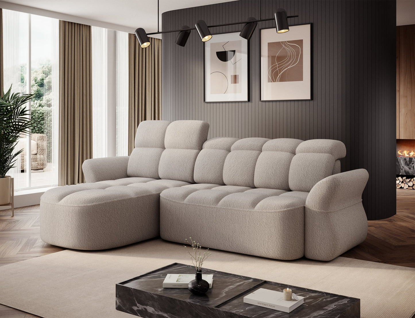 Beżowy narożnik L-kształtny lewy z funkcją spania, elektrycznym wysuwem siedziska i pojemnikiem na pościel