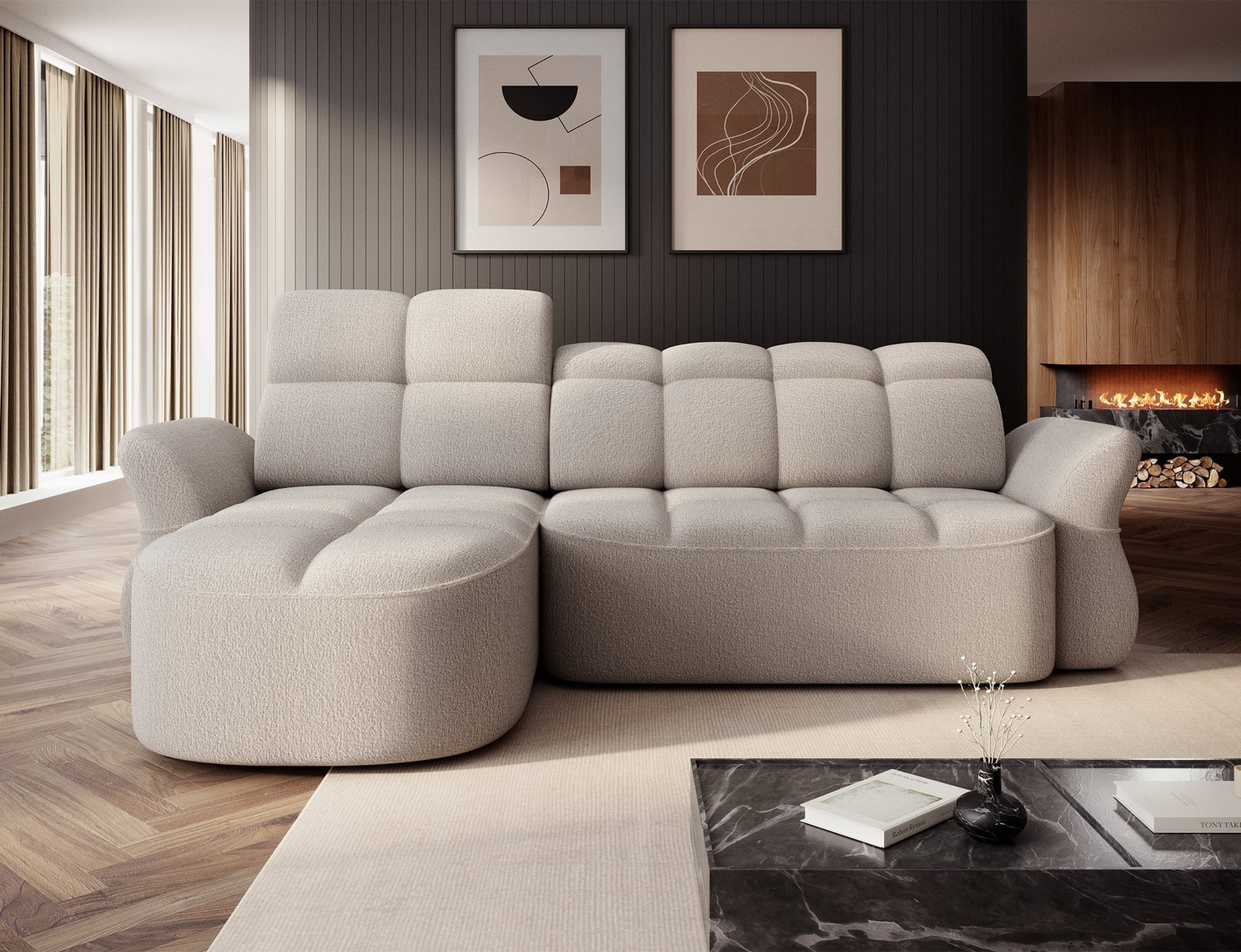 Beżowy narożnik L-kształtny lewy z funkcją spania, elektrycznym wysuwem siedziska i pojemnikiem na pościel