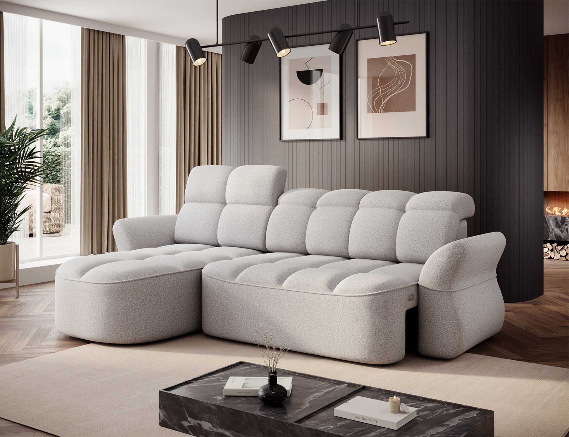 Szary narożnik L-kształtny lewy z funkcją spania, elektrycznym wysuwem siedziska i pojemnikiem na pościel