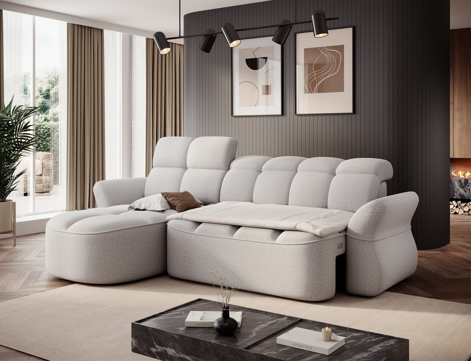 Szary narożnik L-kształtny lewy z funkcją spania, elektrycznym wysuwem siedziska i pojemnikiem na pościel