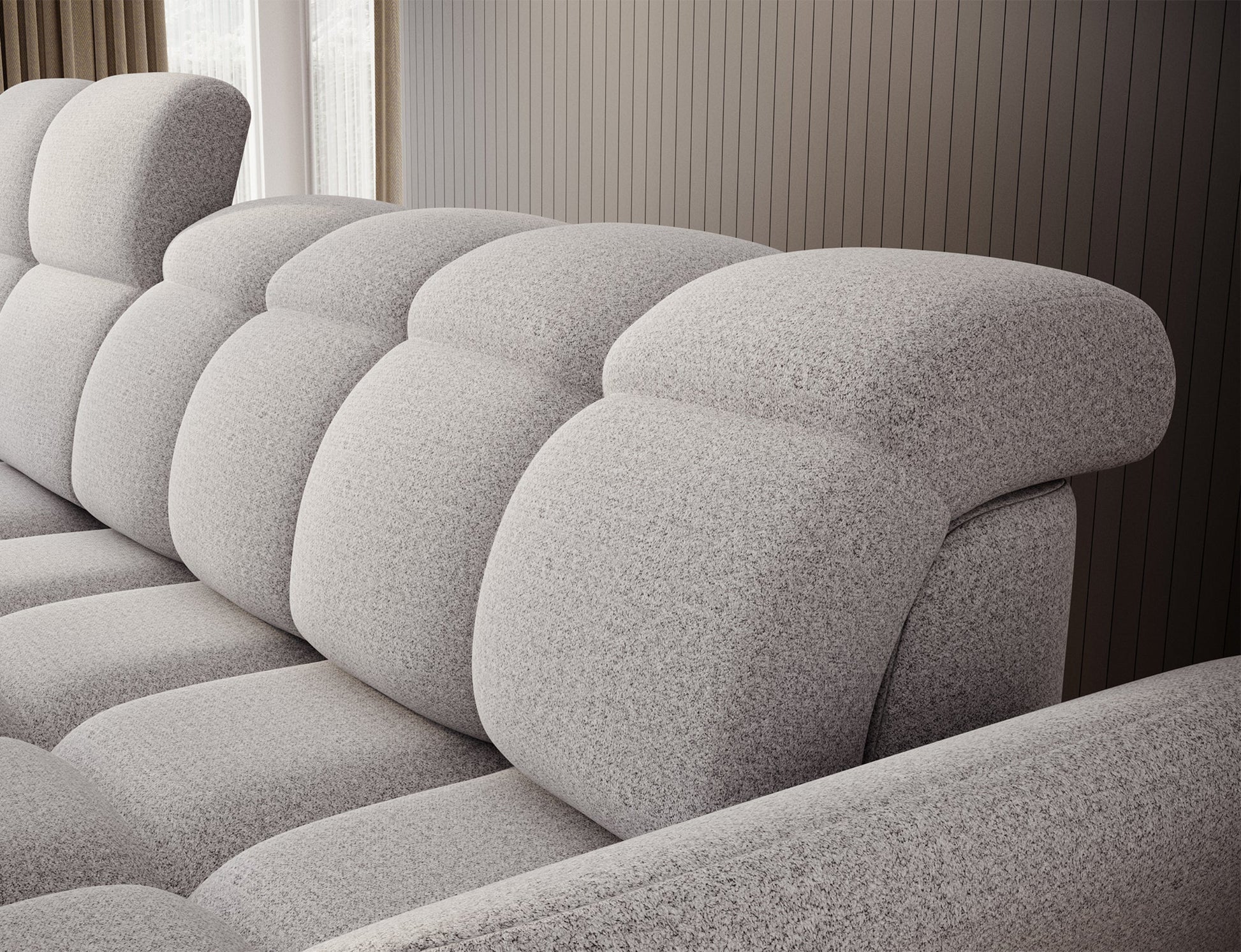 Szary narożnik L-kształtny lewy z funkcją spania, elektrycznym wysuwem siedziska i pojemnikiem na pościel