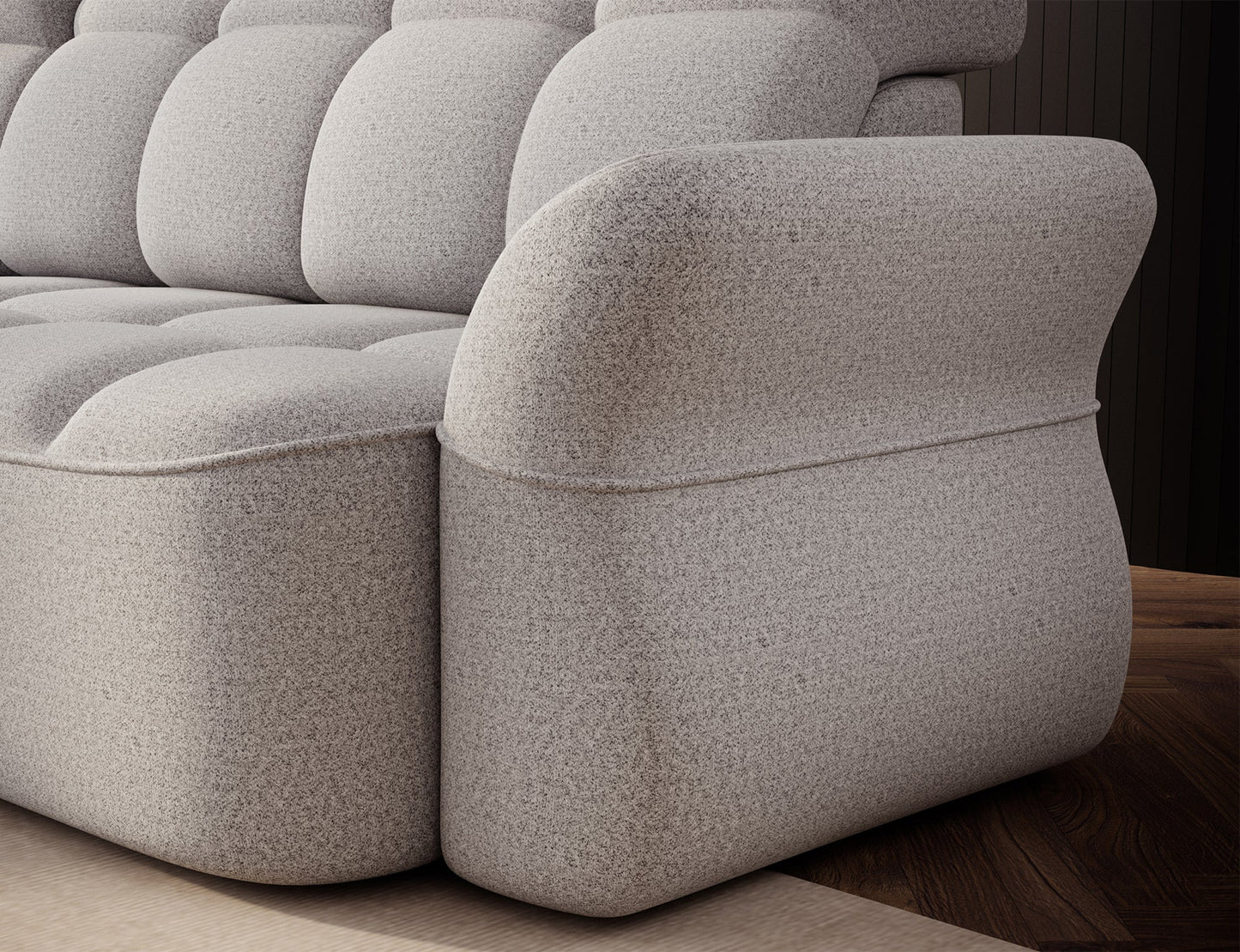 Szary narożnik L-kształtny lewy z funkcją spania, elektrycznym wysuwem siedziska i pojemnikiem na pościel