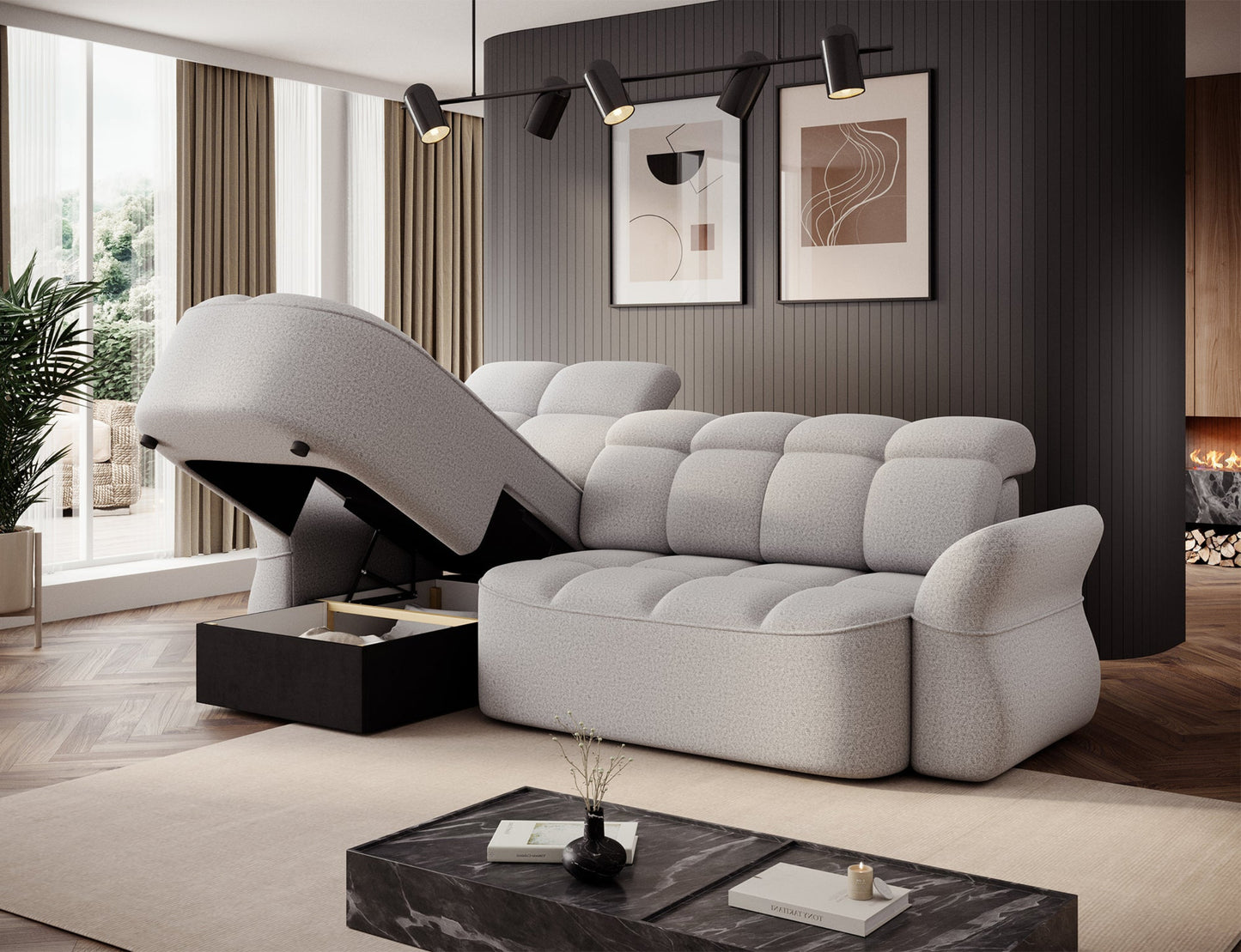 Szary narożnik L-kształtny lewy z funkcją spania, elektrycznym wysuwem siedziska i pojemnikiem na pościel