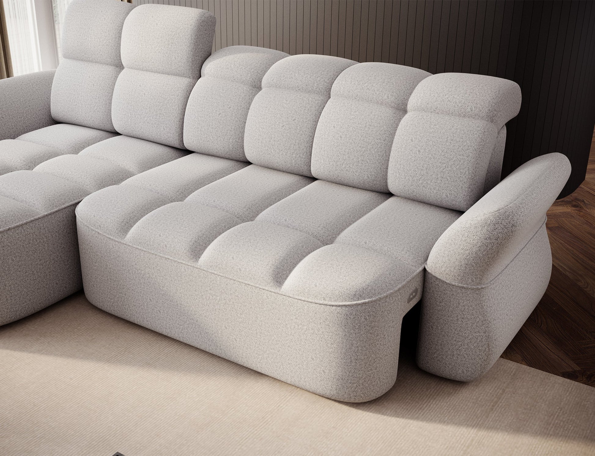 Szary narożnik L-kształtny lewy z funkcją spania, elektrycznym wysuwem siedziska i pojemnikiem na pościel