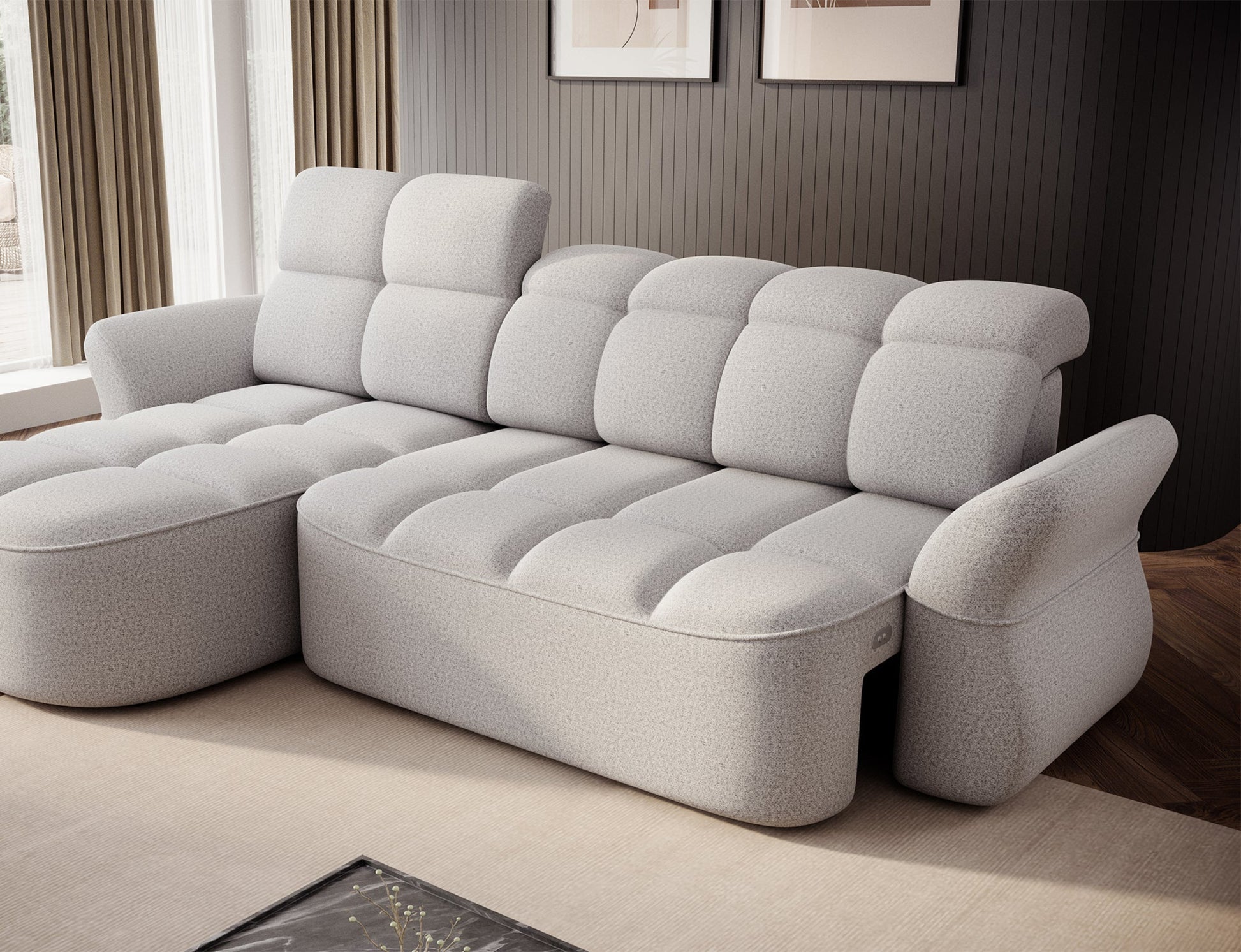 Szary narożnik L-kształtny lewy z funkcją spania, elektrycznym wysuwem siedziska i pojemnikiem na pościel