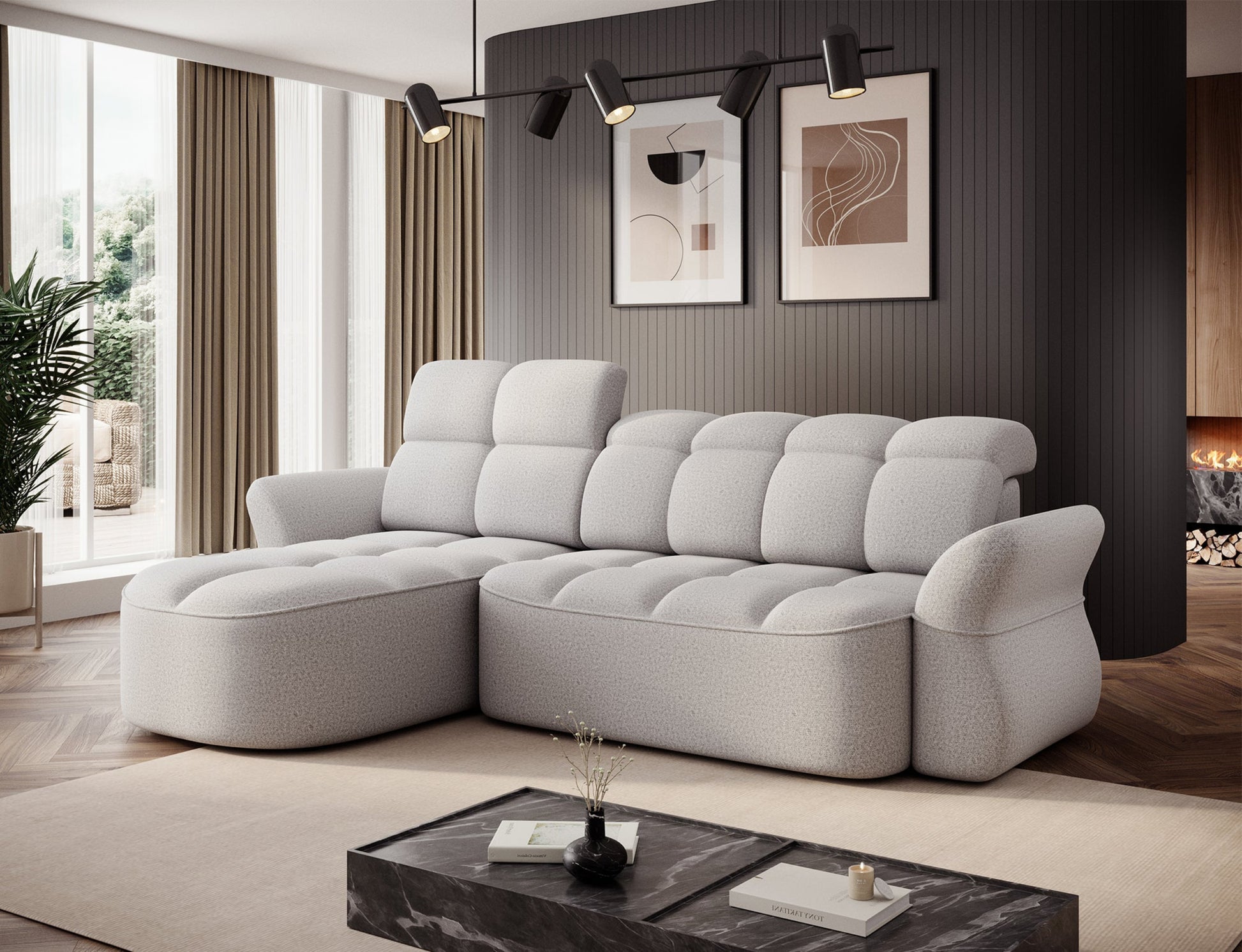 Szary narożnik L-kształtny lewy z funkcją spania, elektrycznym wysuwem siedziska i pojemnikiem na pościel