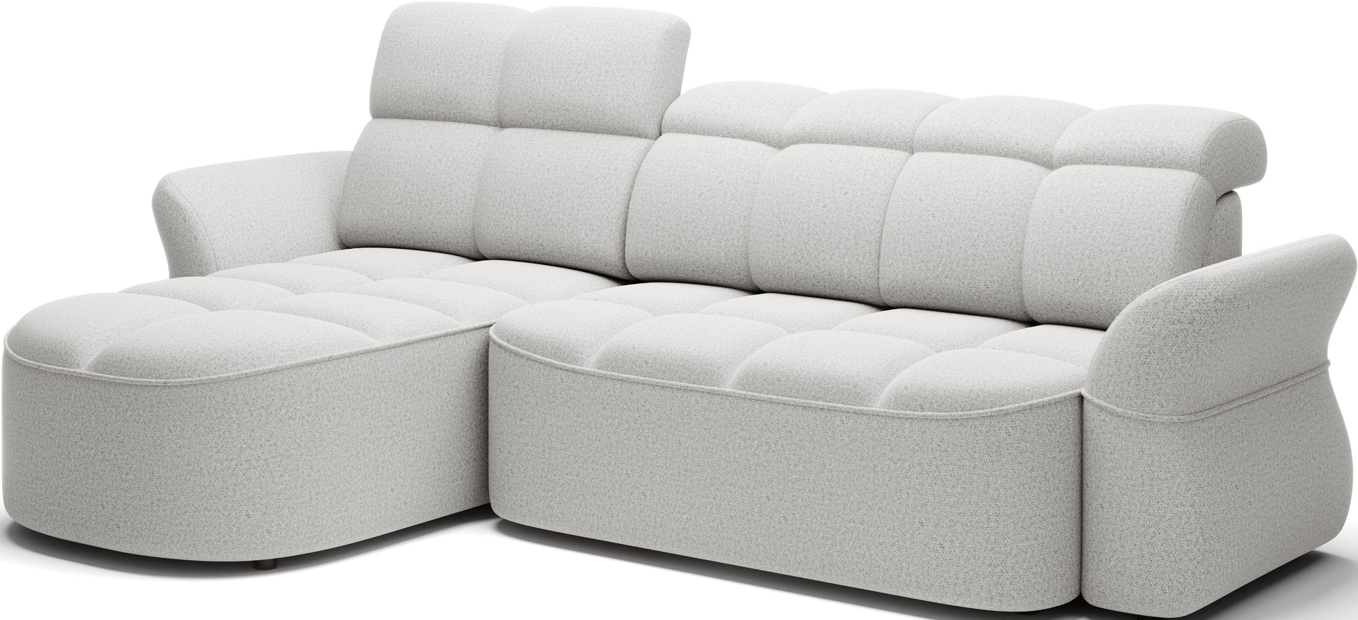 Szary narożnik L-kształtny lewy z funkcją spania, elektrycznym wysuwem siedziska i pojemnikiem na pościel