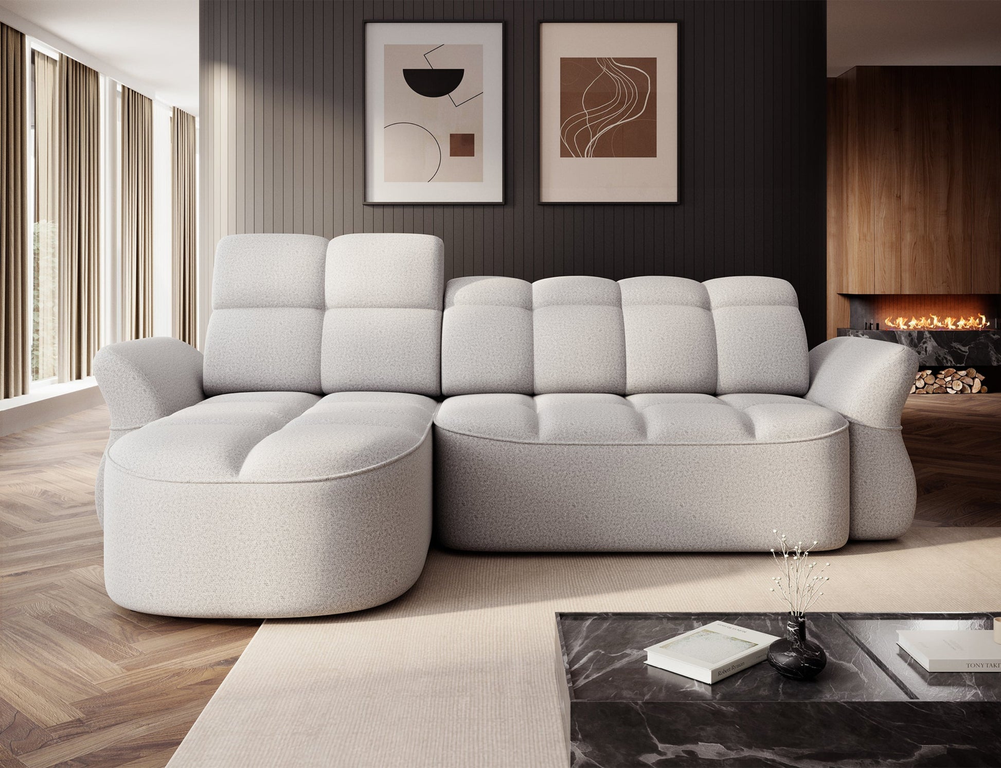 Szary narożnik L-kształtny lewy z funkcją spania, elektrycznym wysuwem siedziska i pojemnikiem na pościel