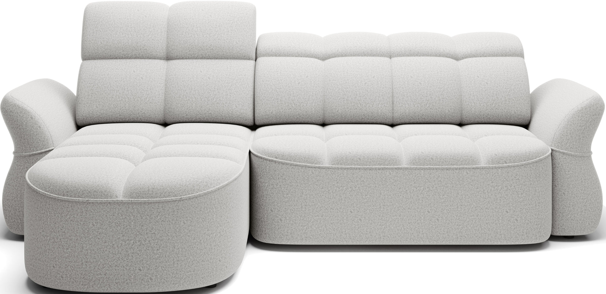 Szary narożnik L-kształtny lewy z funkcją spania, elektrycznym wysuwem siedziska i pojemnikiem na pościel