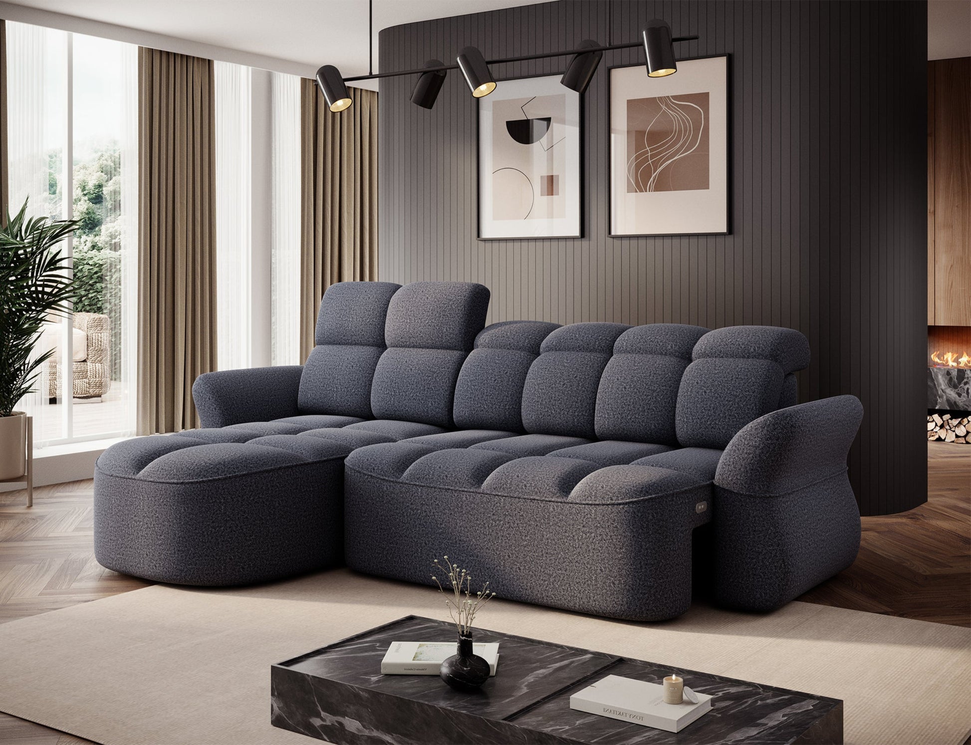 Niebieski narożnik L-kształtny lewy z funkcją spania, elektrycznym wysuwem siedziska i pojemnikiem na pościel