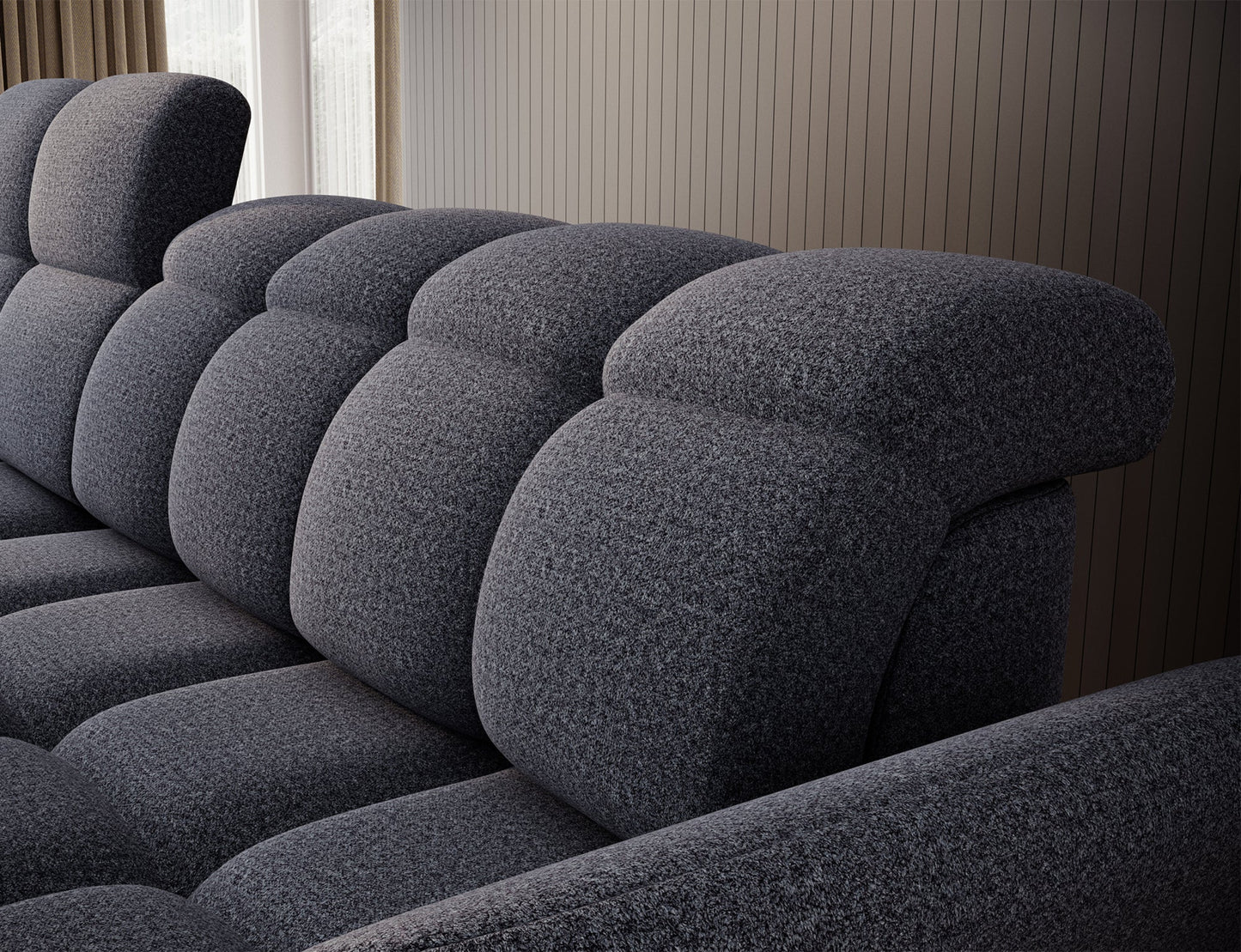 Niebieski narożnik L-kształtny lewy z funkcją spania, elektrycznym wysuwem siedziska i pojemnikiem na pościel