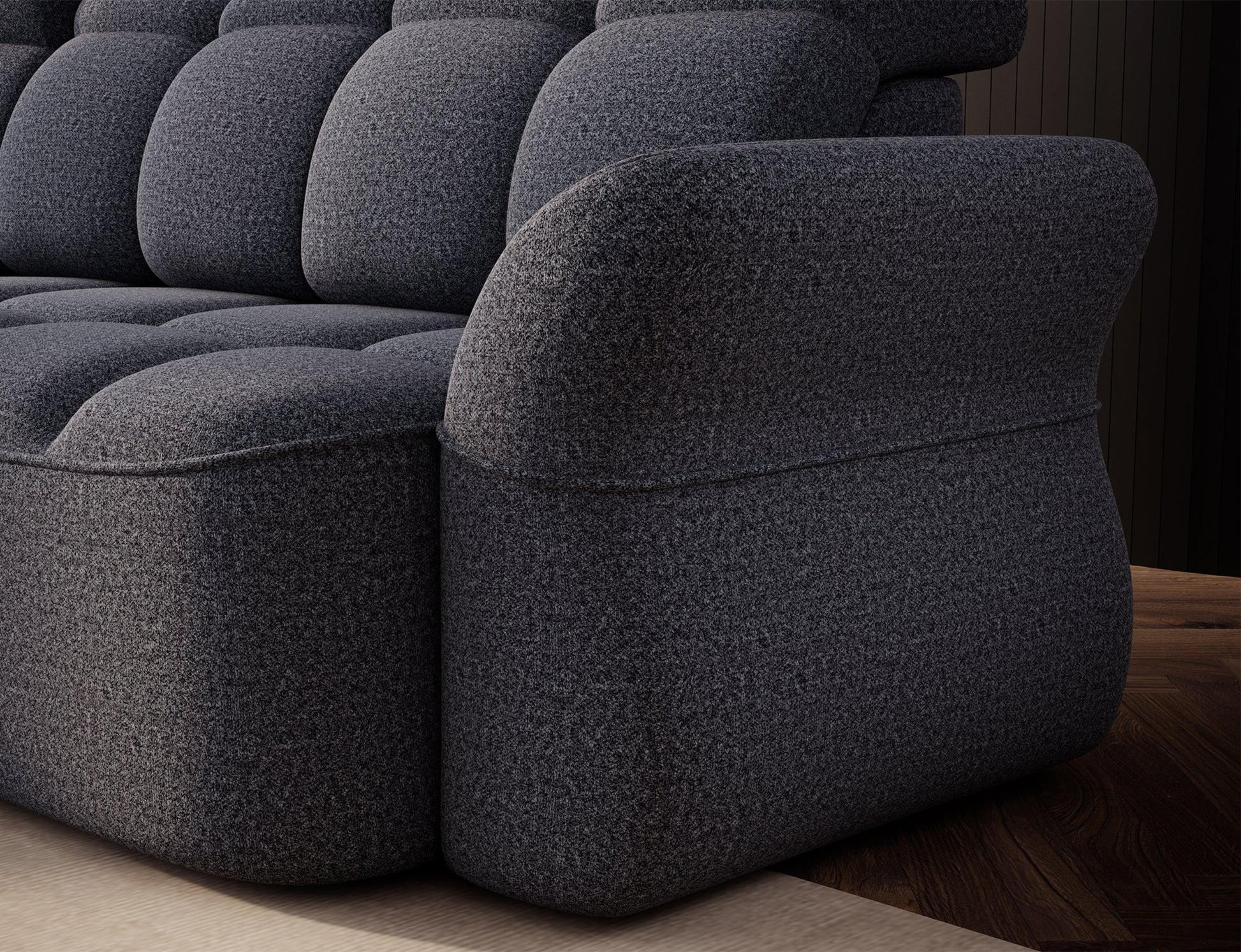 Niebieski narożnik L-kształtny lewy z funkcją spania, elektrycznym wysuwem siedziska i pojemnikiem na pościel