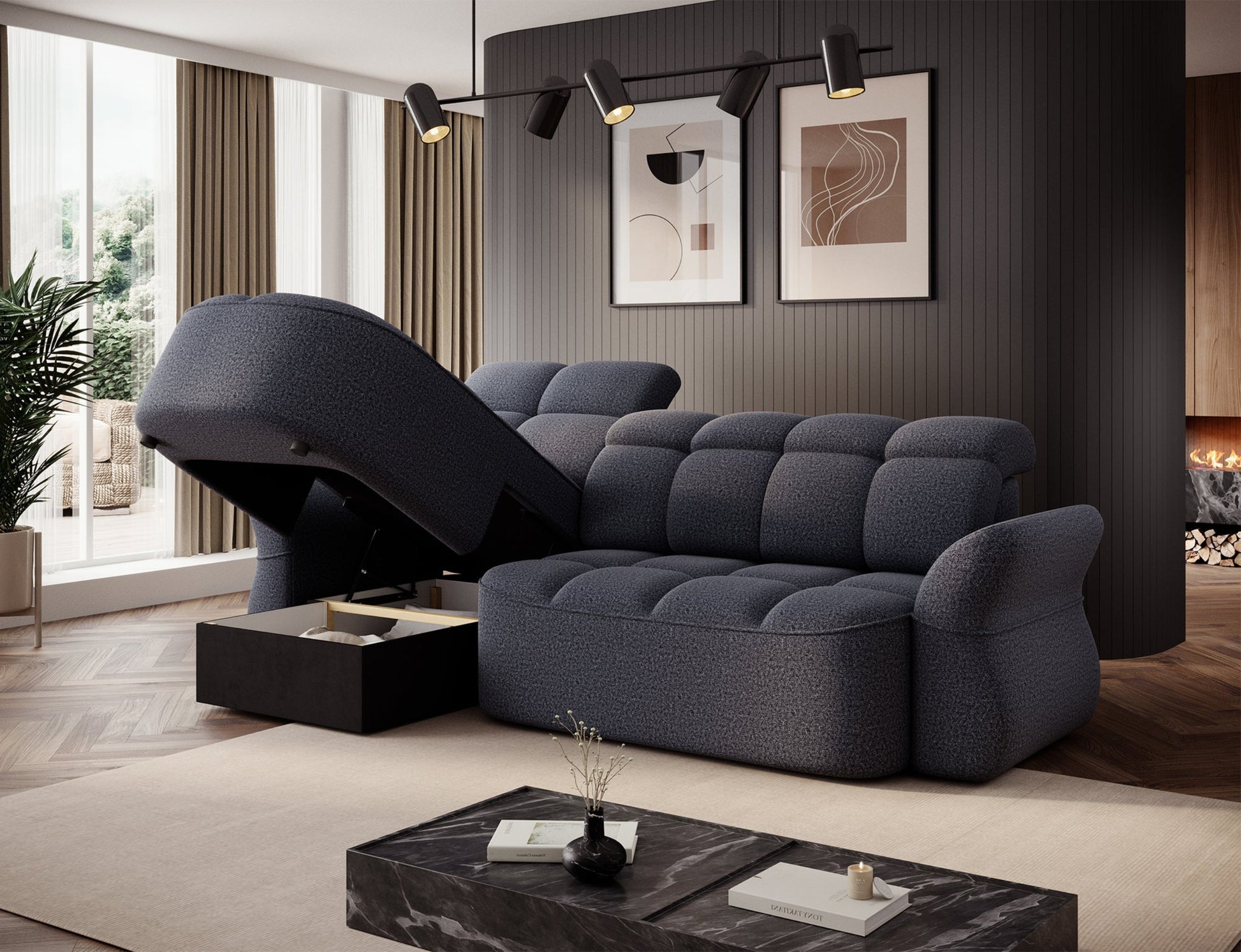 Niebieski narożnik L-kształtny lewy z funkcją spania, elektrycznym wysuwem siedziska i pojemnikiem na pościel