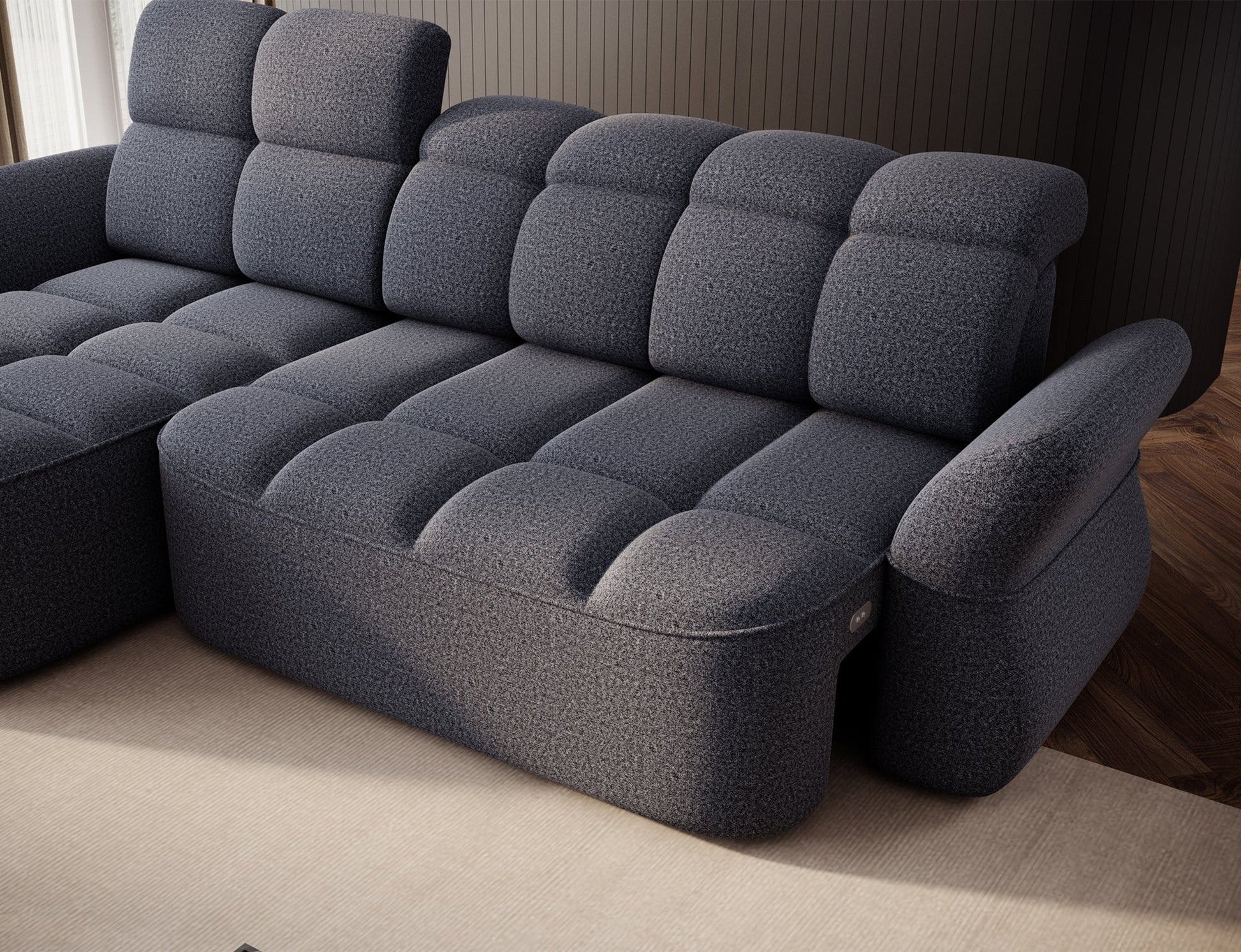 Niebieski narożnik L-kształtny lewy z funkcją spania, elektrycznym wysuwem siedziska i pojemnikiem na pościel