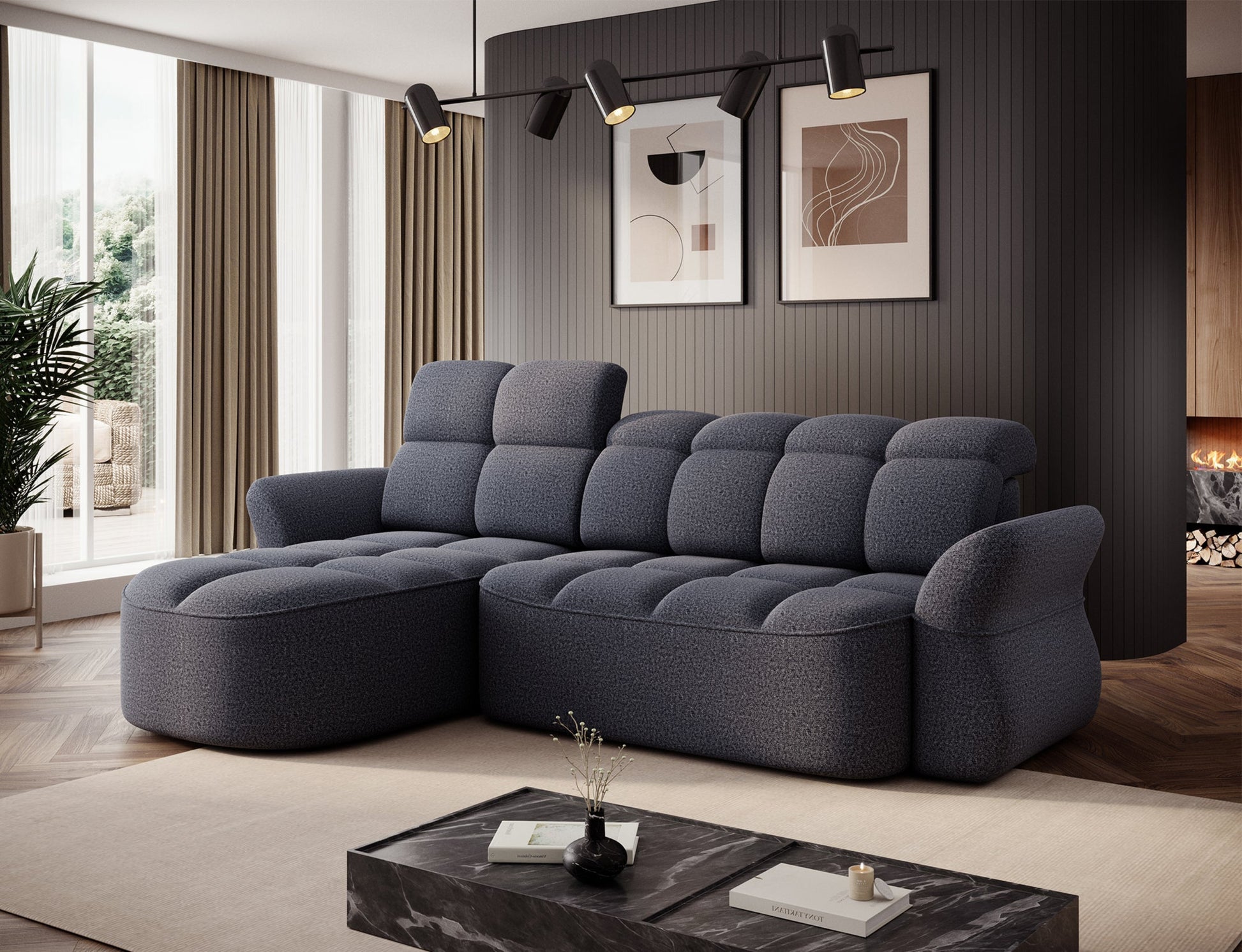 Niebieski narożnik L-kształtny lewy z funkcją spania, elektrycznym wysuwem siedziska i pojemnikiem na pościel