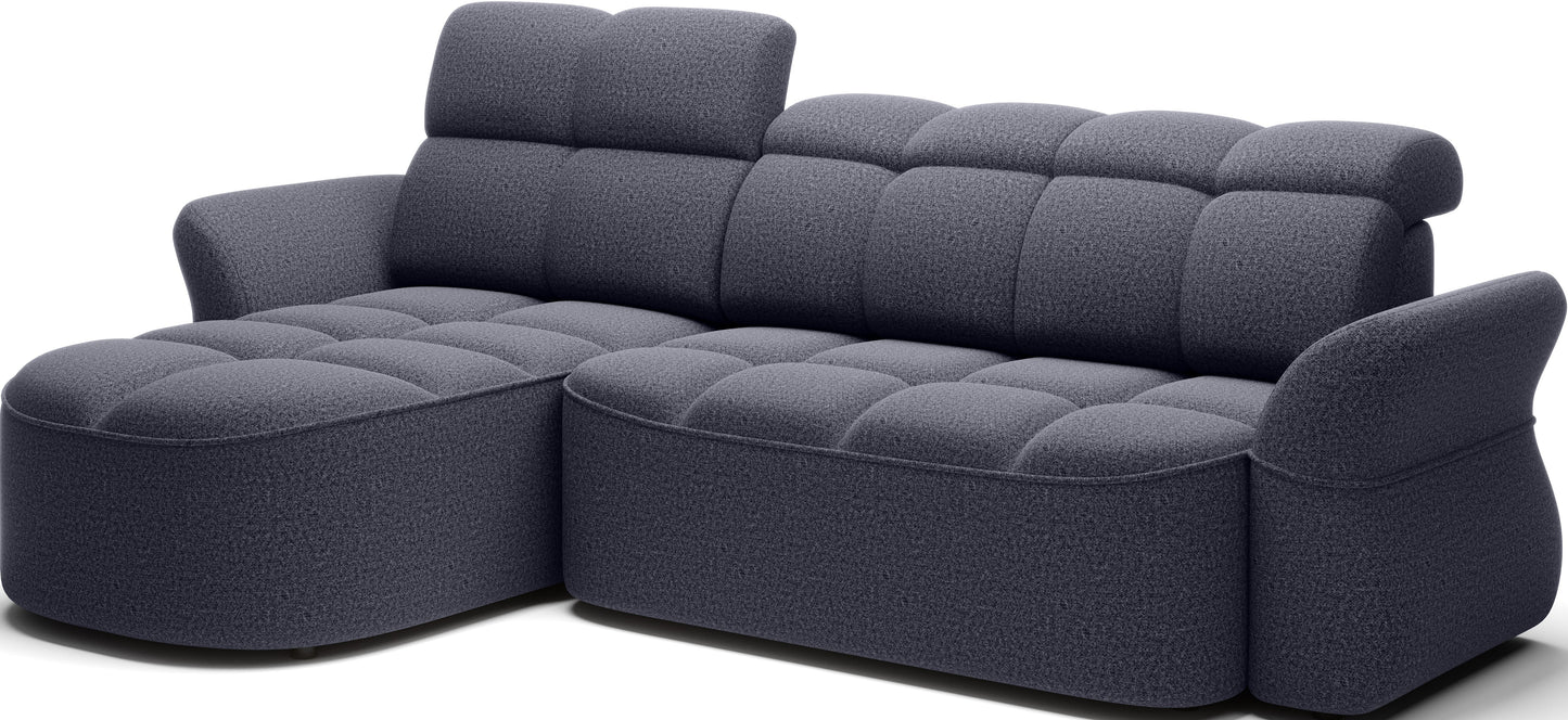 Niebieski narożnik L-kształtny lewy z funkcją spania, elektrycznym wysuwem siedziska i pojemnikiem na pościel