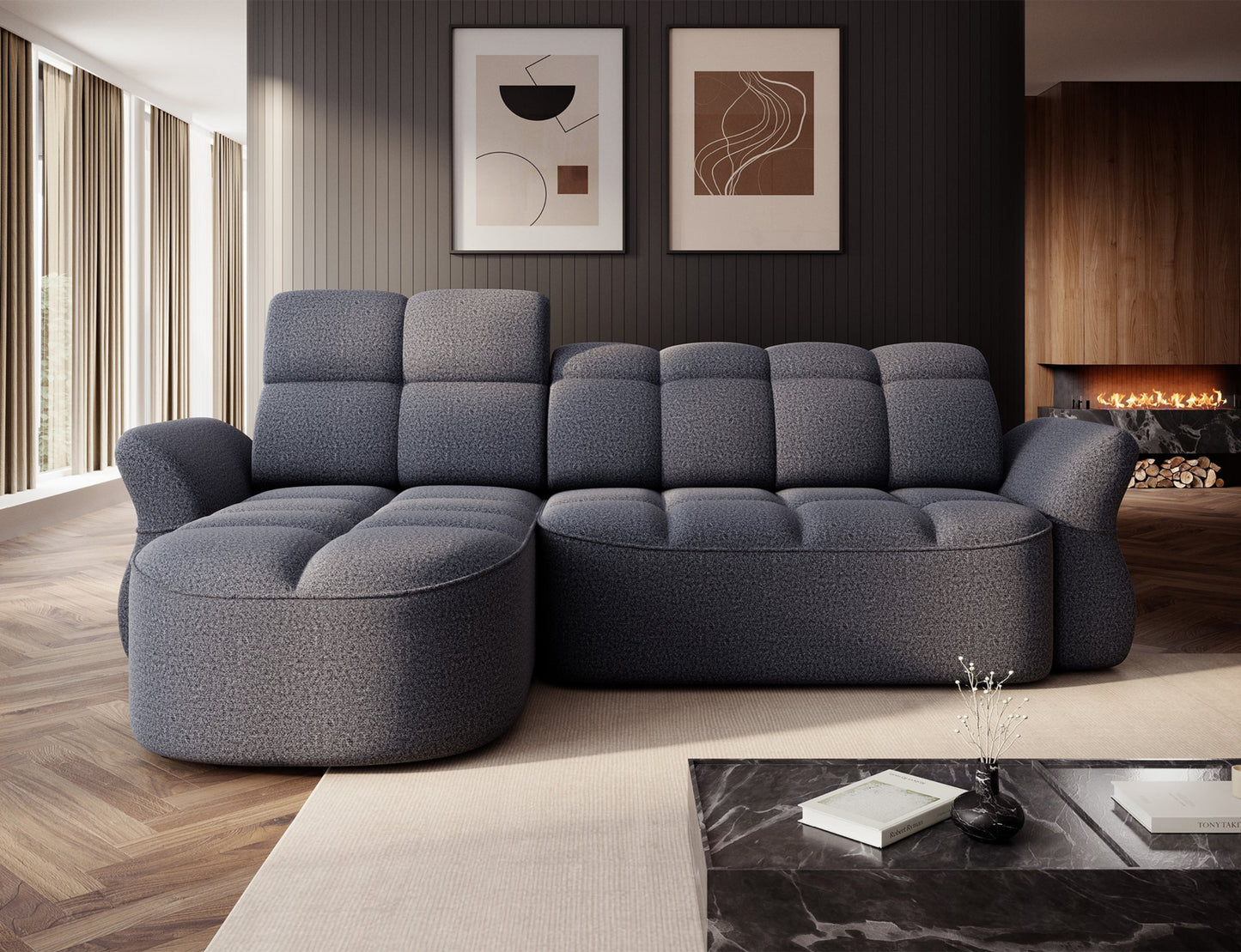 Niebieski narożnik L-kształtny lewy z funkcją spania, elektrycznym wysuwem siedziska i pojemnikiem na pościel