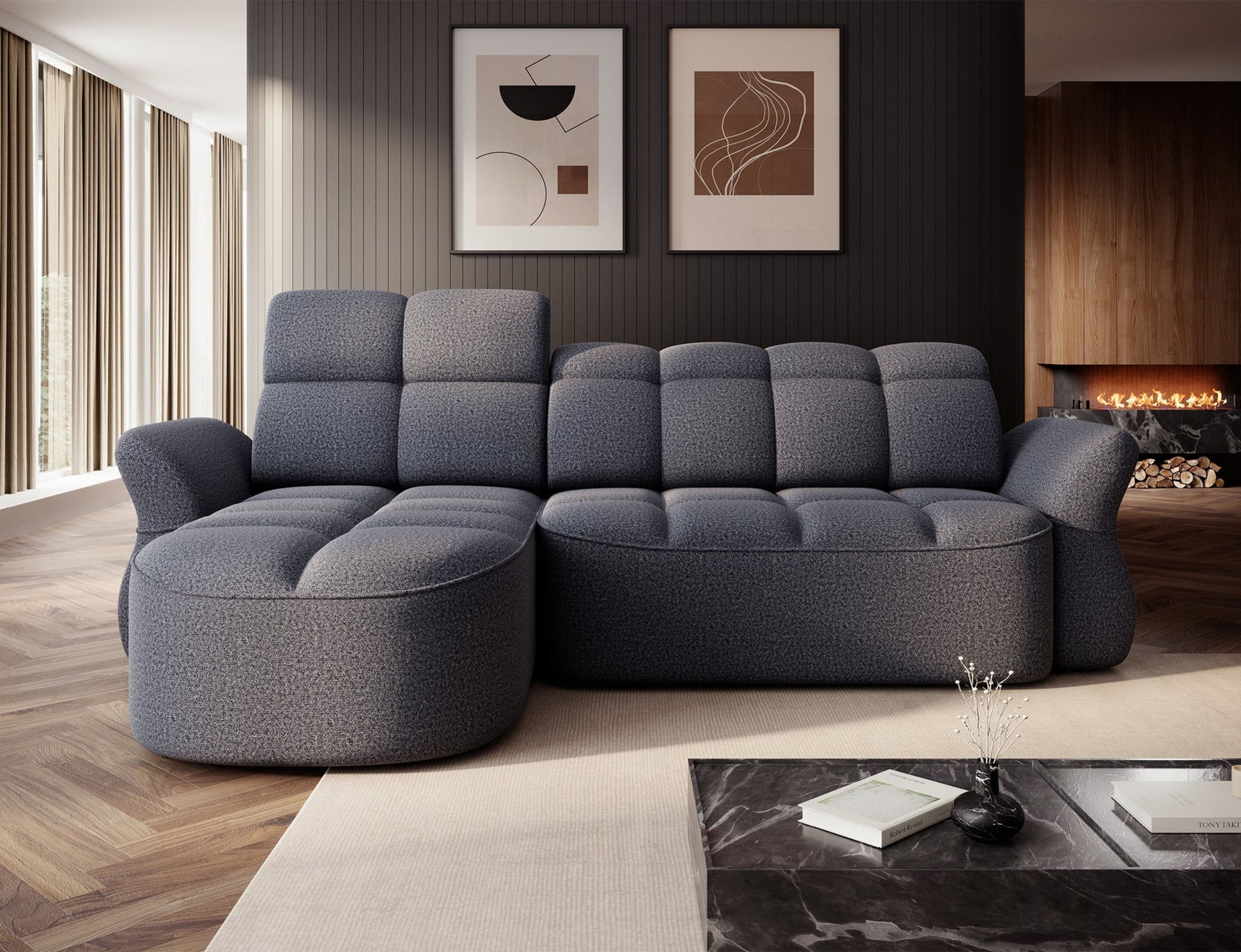 Niebieski narożnik L-kształtny lewy z funkcją spania, elektrycznym wysuwem siedziska i pojemnikiem na pościel