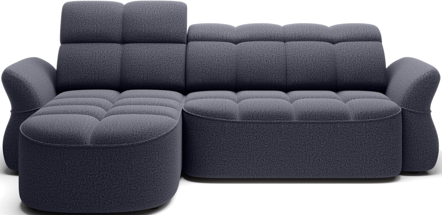 Niebieski narożnik L-kształtny lewy z funkcją spania, elektrycznym wysuwem siedziska i pojemnikiem na pościel