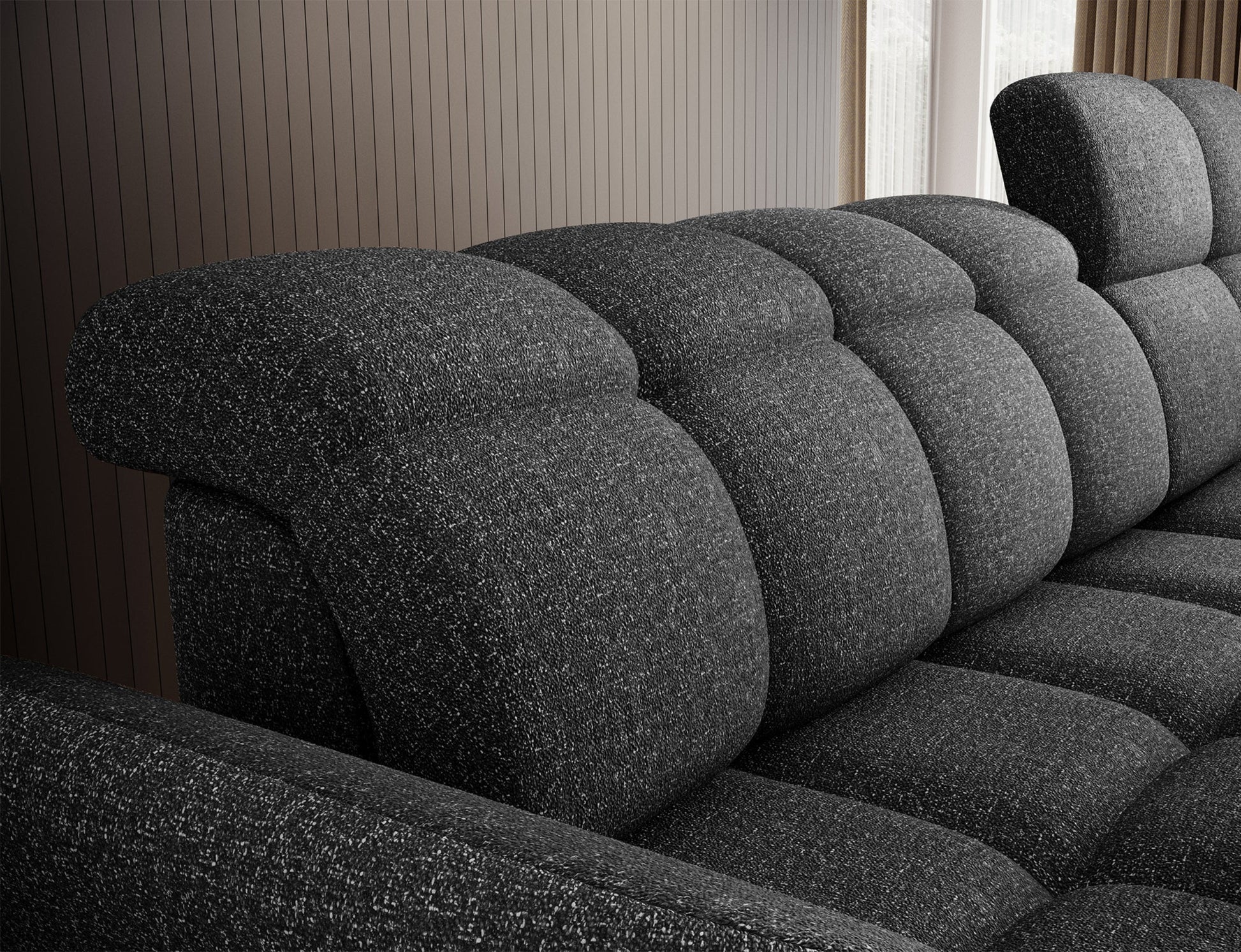 Szary narożnik L-kształtny lewy z funkcją spania, elektrycznym wysuwem siedziska i pojemnikiem na pościel