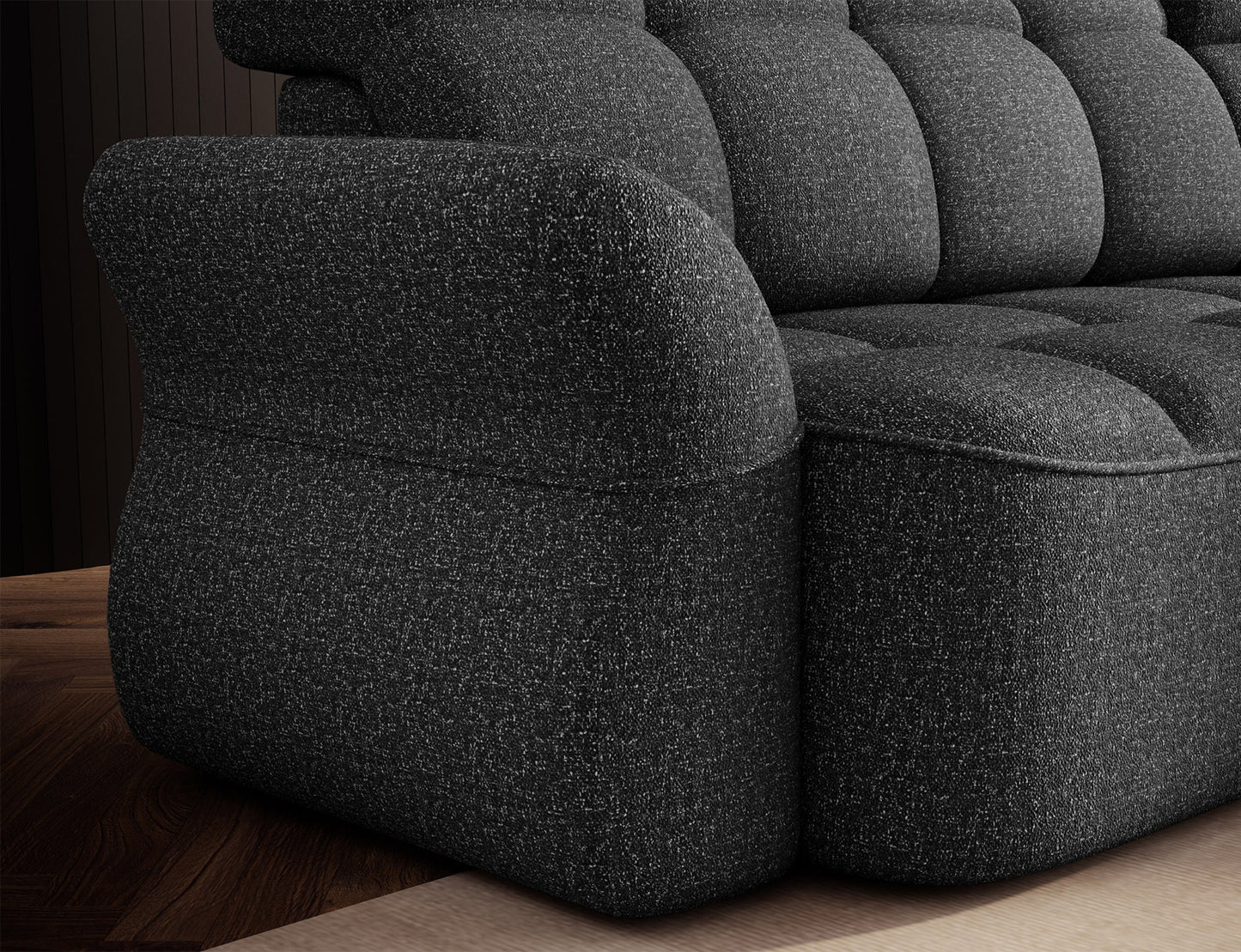 Szary narożnik L-kształtny lewy z funkcją spania, elektrycznym wysuwem siedziska i pojemnikiem na pościel