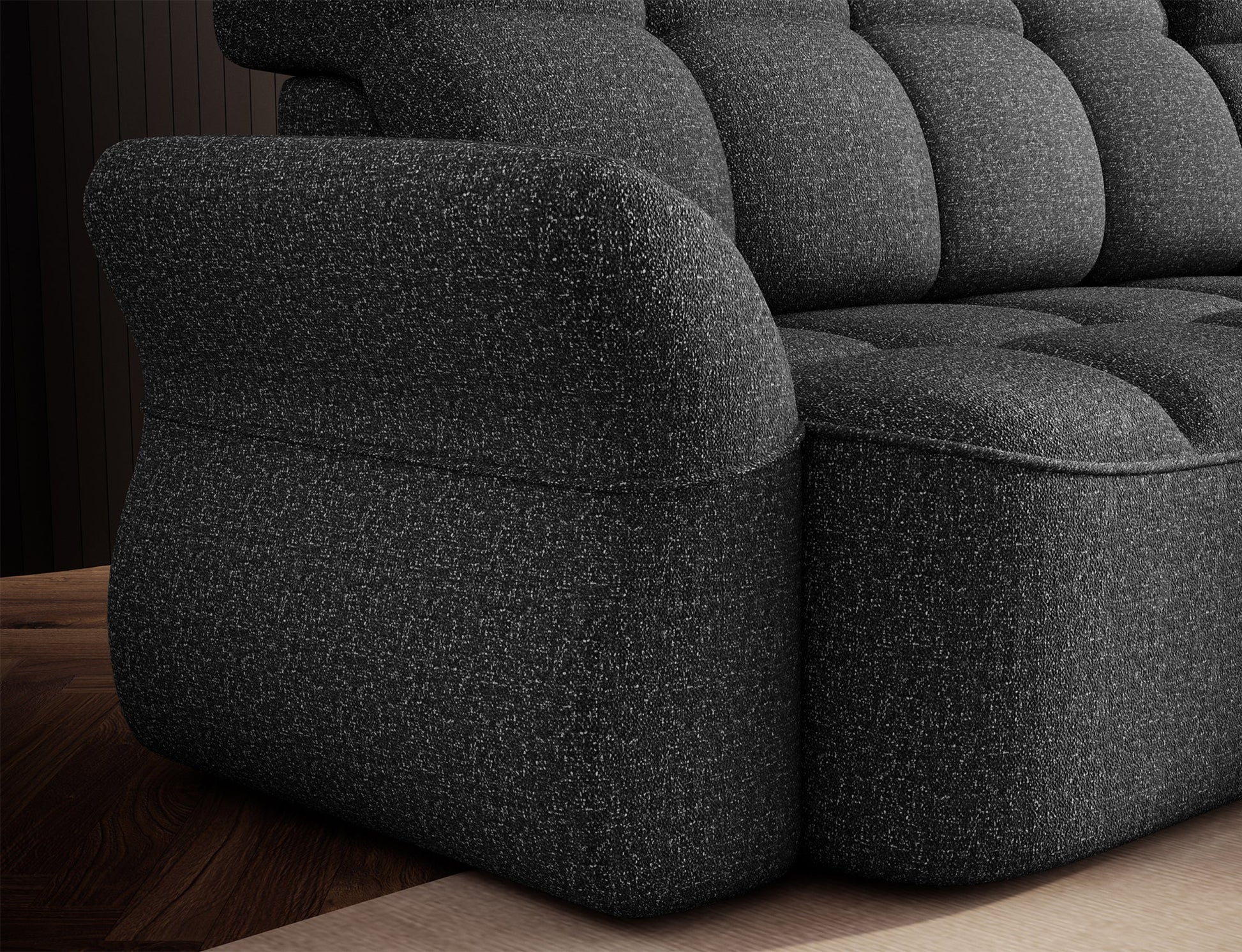 Szary narożnik L-kształtny lewy z funkcją spania, elektrycznym wysuwem siedziska i pojemnikiem na pościel