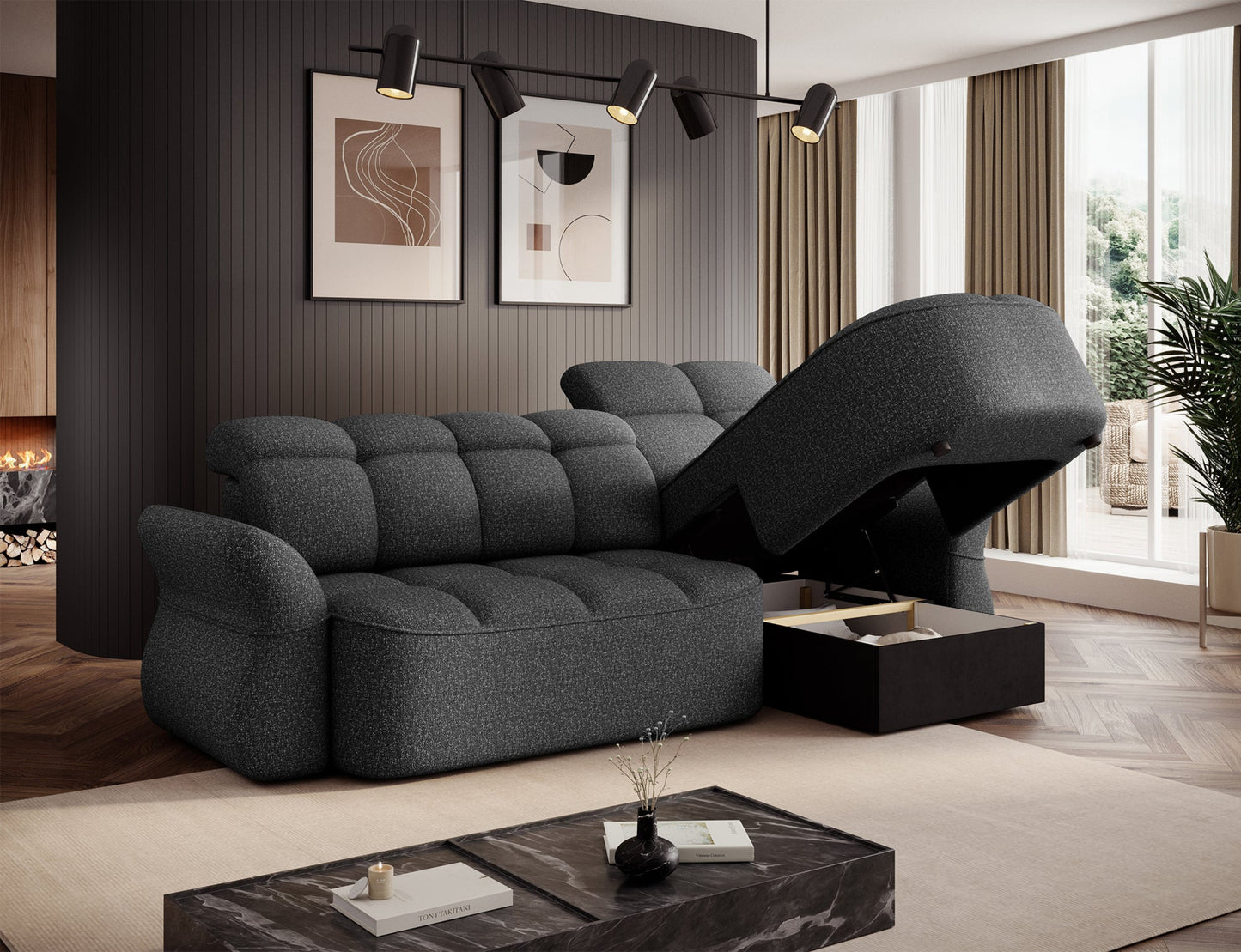 Szary narożnik L-kształtny lewy z funkcją spania, elektrycznym wysuwem siedziska i pojemnikiem na pościel