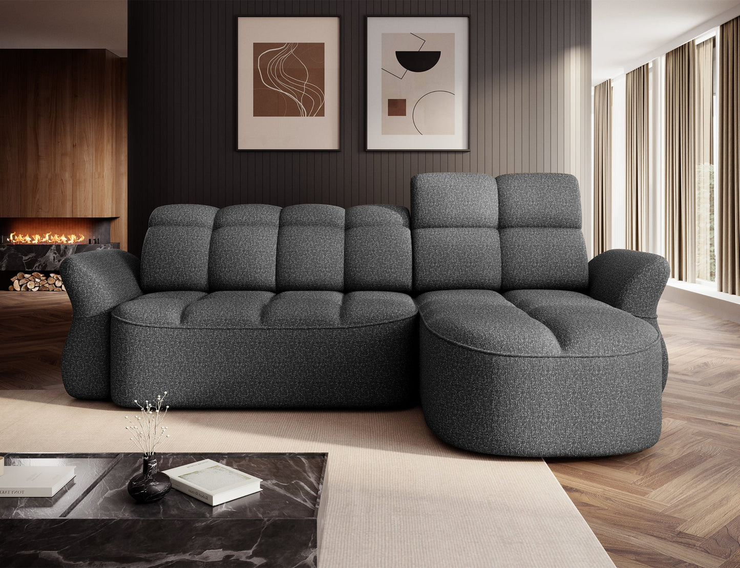 Szary narożnik L-kształtny lewy z funkcją spania, elektrycznym wysuwem siedziska i pojemnikiem na pościel