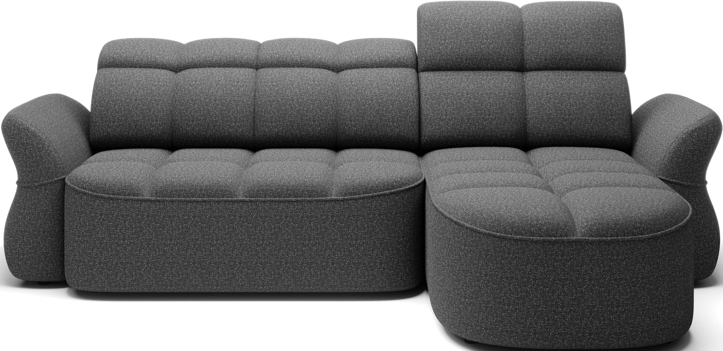 Szary narożnik L-kształtny lewy z funkcją spania, elektrycznym wysuwem siedziska i pojemnikiem na pościel