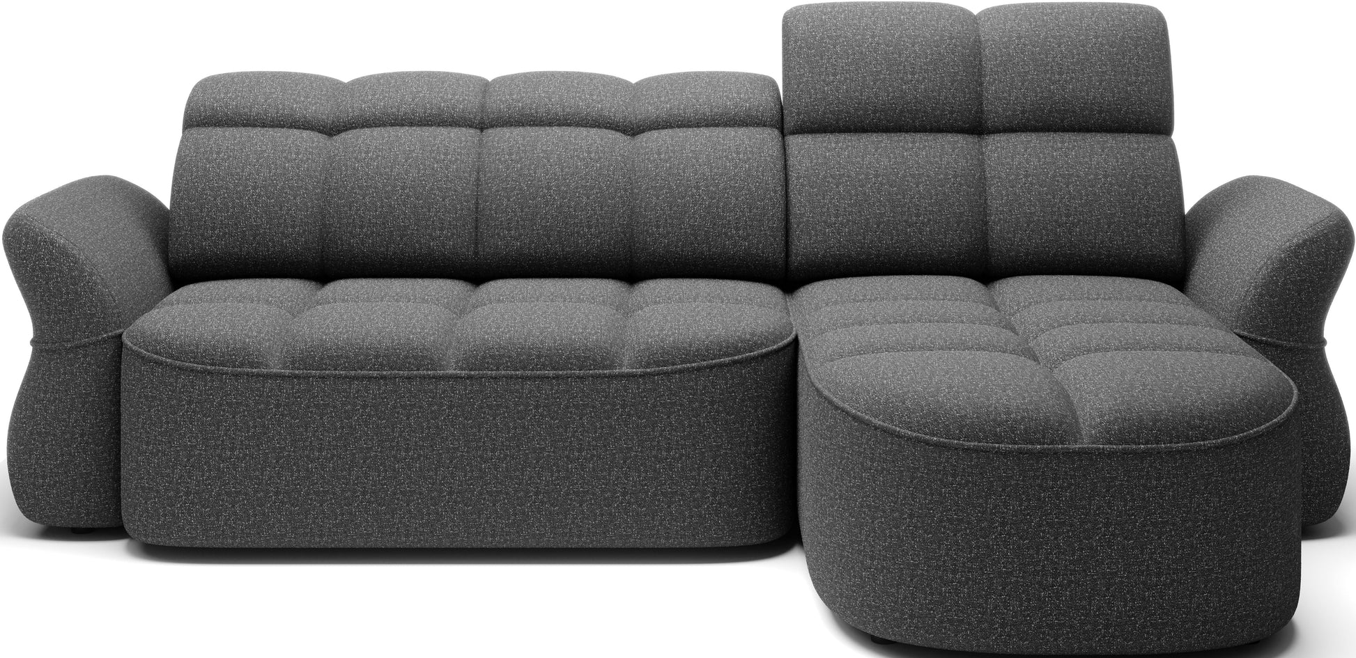 Szary narożnik L-kształtny lewy z funkcją spania, elektrycznym wysuwem siedziska i pojemnikiem na pościel