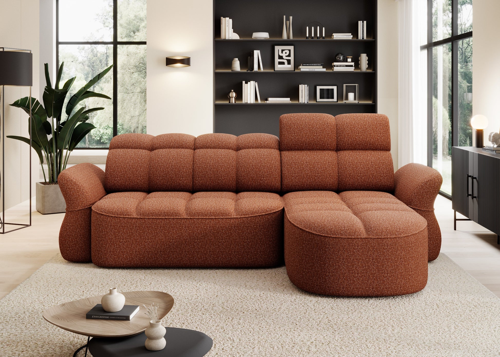 Ceglasty narożnik L-kształtny lewy z funkcją spania, elektrycznym wysuwem siedziska i pojemnikiem na pościel