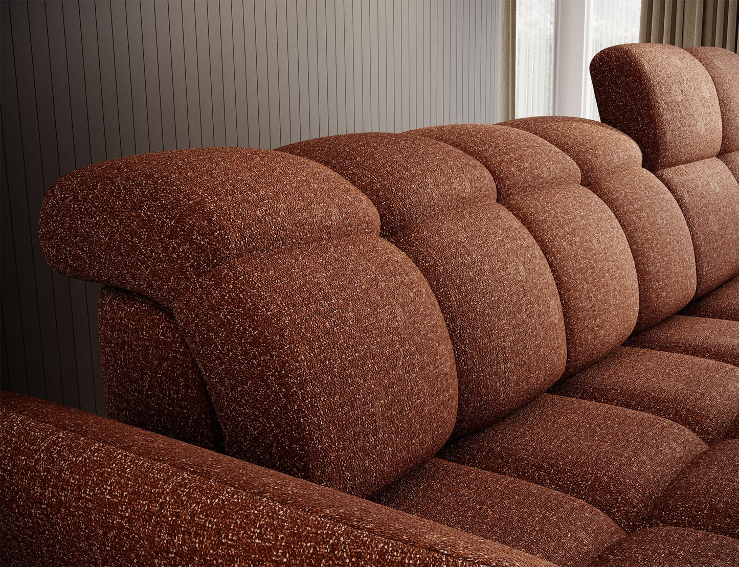 Ceglasty narożnik L-kształtny lewy z funkcją spania, elektrycznym wysuwem siedziska i pojemnikiem na pościel