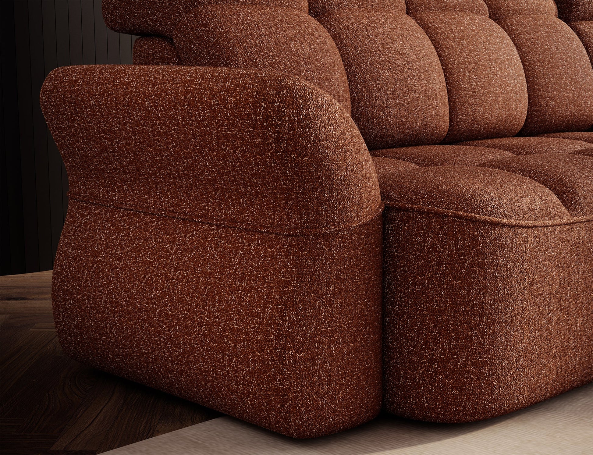 Ceglasty narożnik L-kształtny lewy z funkcją spania, elektrycznym wysuwem siedziska i pojemnikiem na pościel