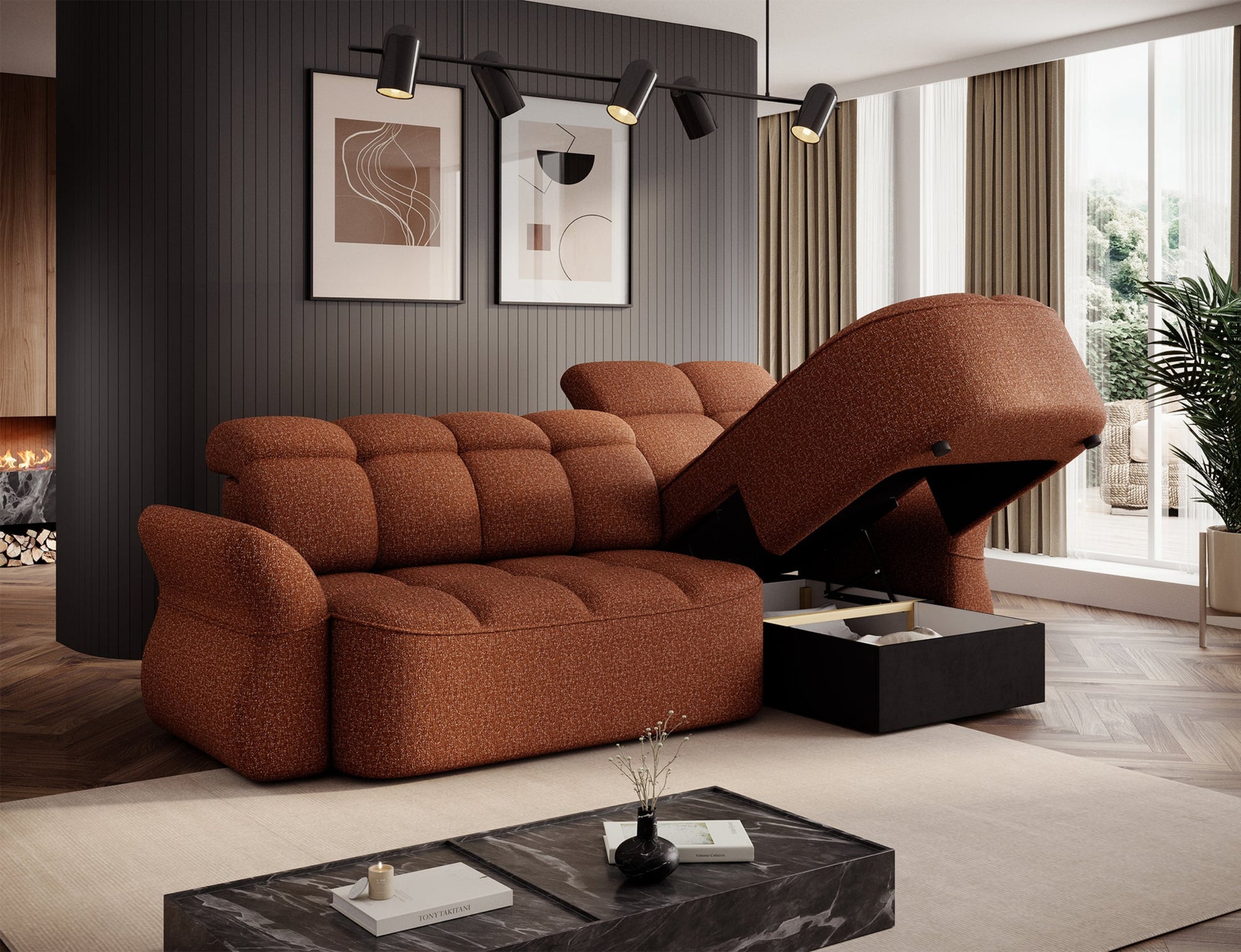 Ceglasty narożnik L-kształtny lewy z funkcją spania, elektrycznym wysuwem siedziska i pojemnikiem na pościel