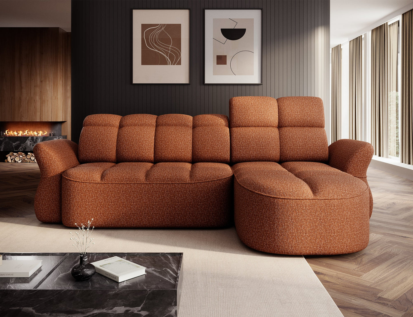 Ceglasty narożnik L-kształtny lewy z funkcją spania, elektrycznym wysuwem siedziska i pojemnikiem na pościel