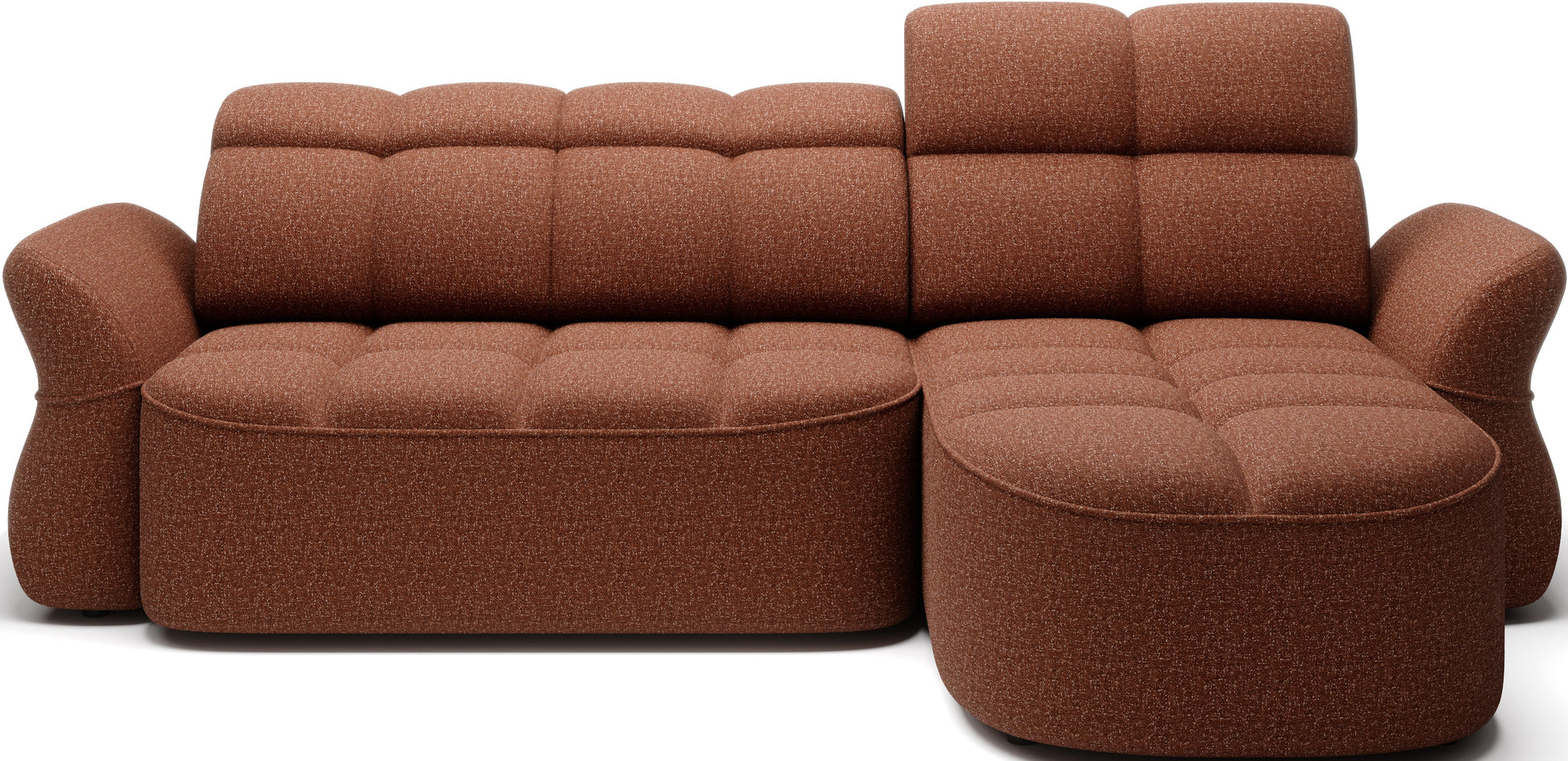 Ceglasty narożnik L-kształtny lewy z funkcją spania, elektrycznym wysuwem siedziska i pojemnikiem na pościel