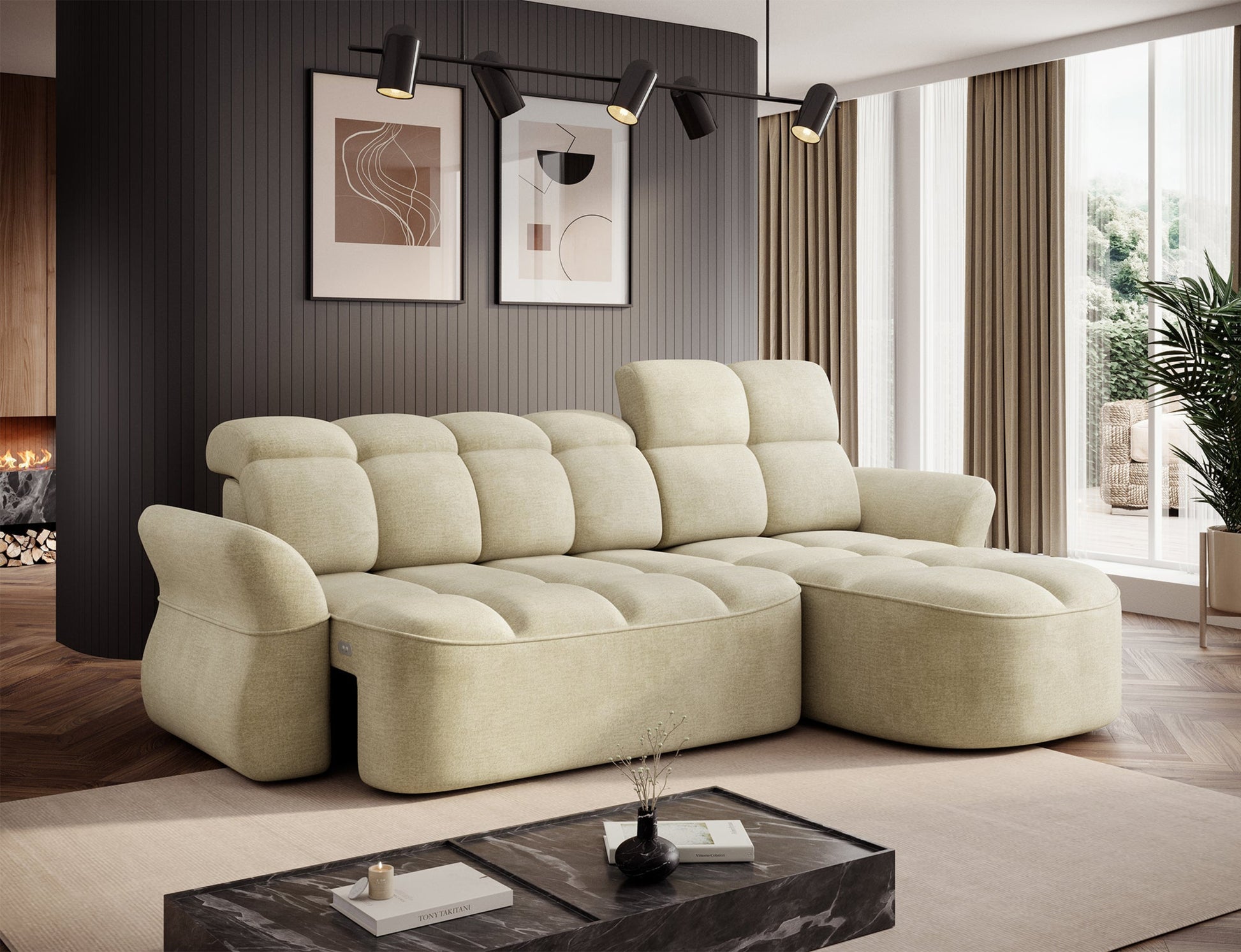 Jasnobeżowy narożnik L-kształtny prawy z funkcją spania, elektrycznym wysuwem siedziska i pojemnikiem na pościel