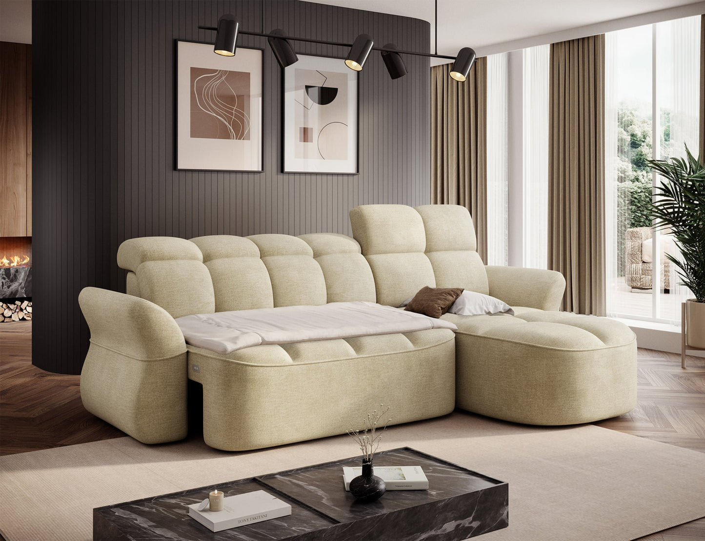 Jasnobeżowy narożnik L-kształtny prawy z funkcją spania, elektrycznym wysuwem siedziska i pojemnikiem na pościel