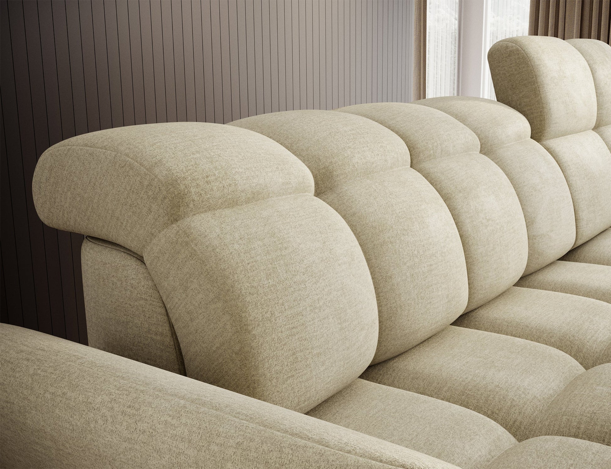 Jasnobeżowy narożnik L-kształtny prawy z funkcją spania, elektrycznym wysuwem siedziska i pojemnikiem na pościel