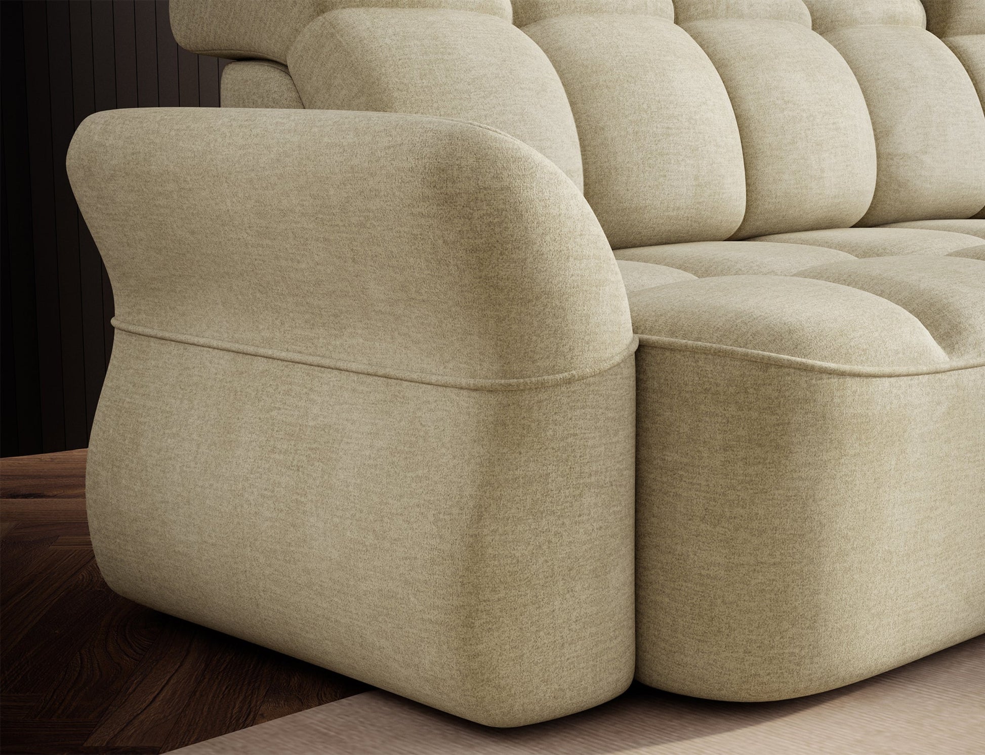 Jasnobeżowy narożnik L-kształtny prawy z funkcją spania, elektrycznym wysuwem siedziska i pojemnikiem na pościel