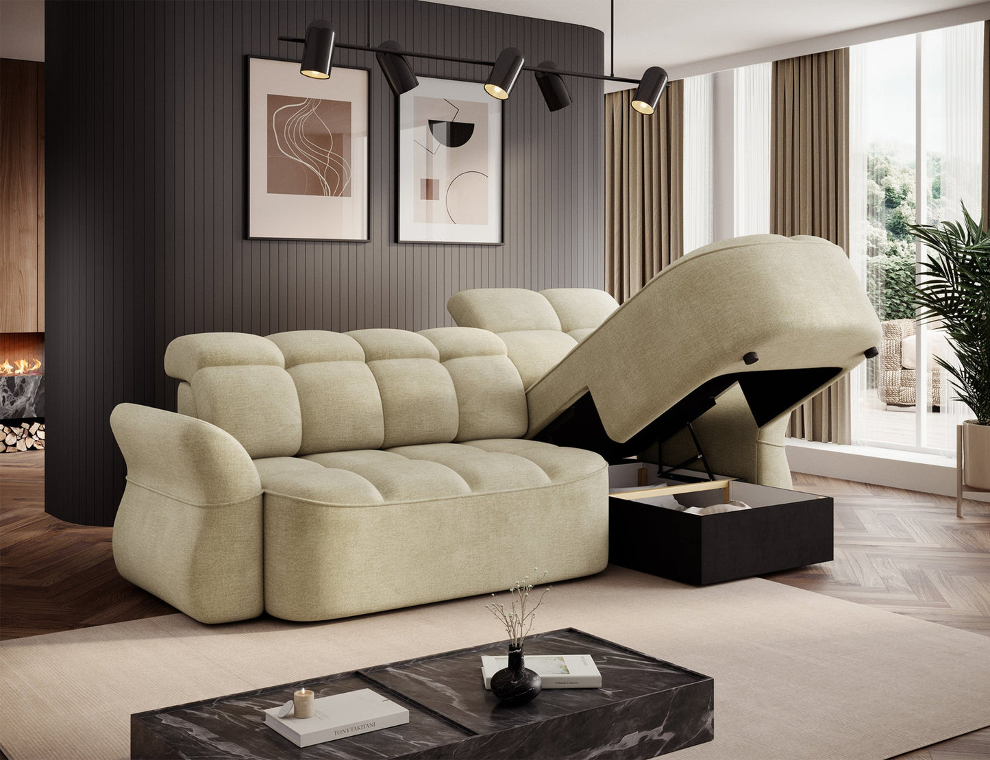 Jasnobeżowy narożnik L-kształtny prawy z funkcją spania, elektrycznym wysuwem siedziska i pojemnikiem na pościel