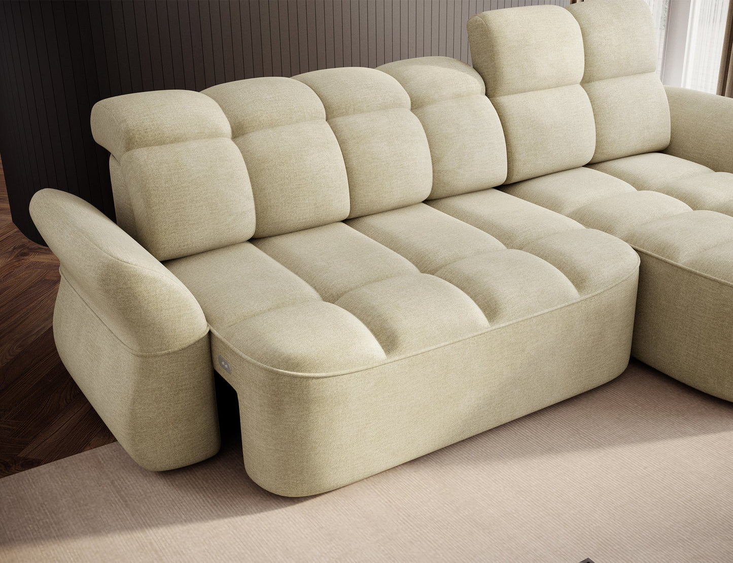 Jasnobeżowy narożnik L-kształtny prawy z funkcją spania, elektrycznym wysuwem siedziska i pojemnikiem na pościel