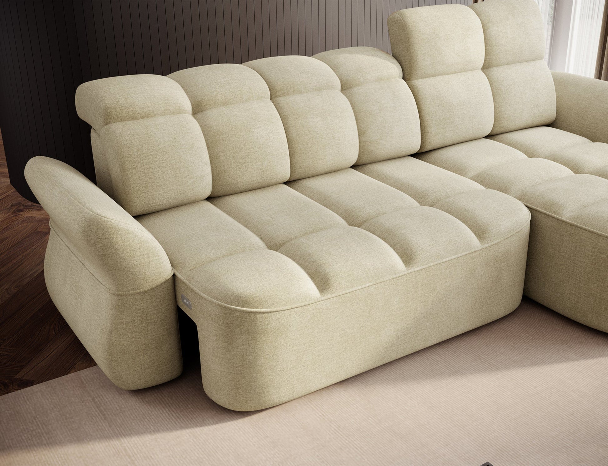 Jasnobeżowy narożnik L-kształtny prawy z funkcją spania, elektrycznym wysuwem siedziska i pojemnikiem na pościel