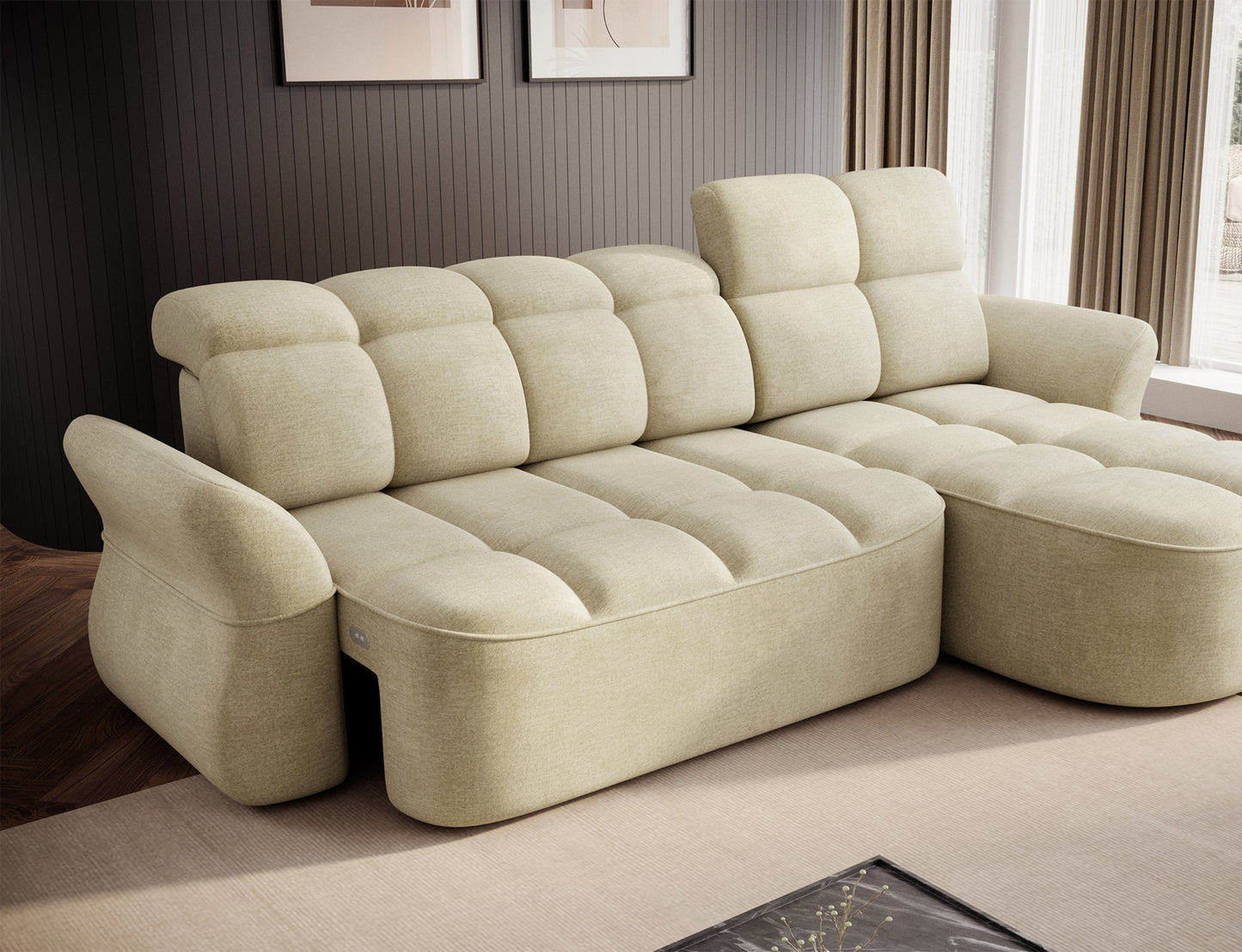 Jasnobeżowy narożnik L-kształtny prawy z funkcją spania, elektrycznym wysuwem siedziska i pojemnikiem na pościel