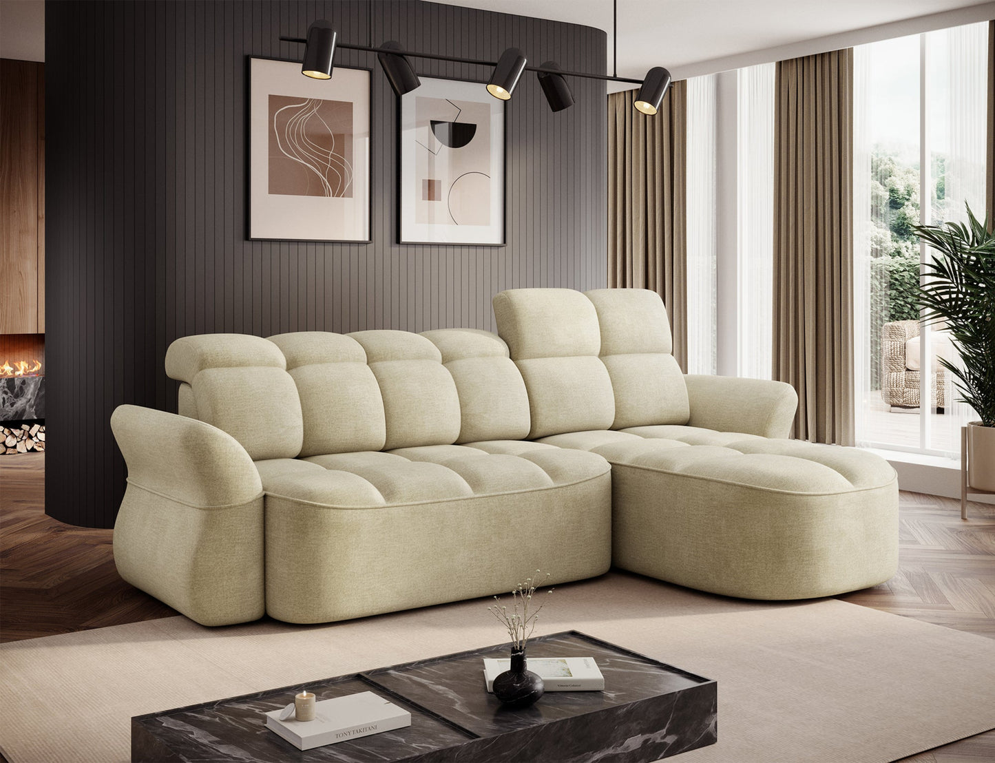 Jasnobeżowy narożnik L-kształtny prawy z funkcją spania, elektrycznym wysuwem siedziska i pojemnikiem na pościel