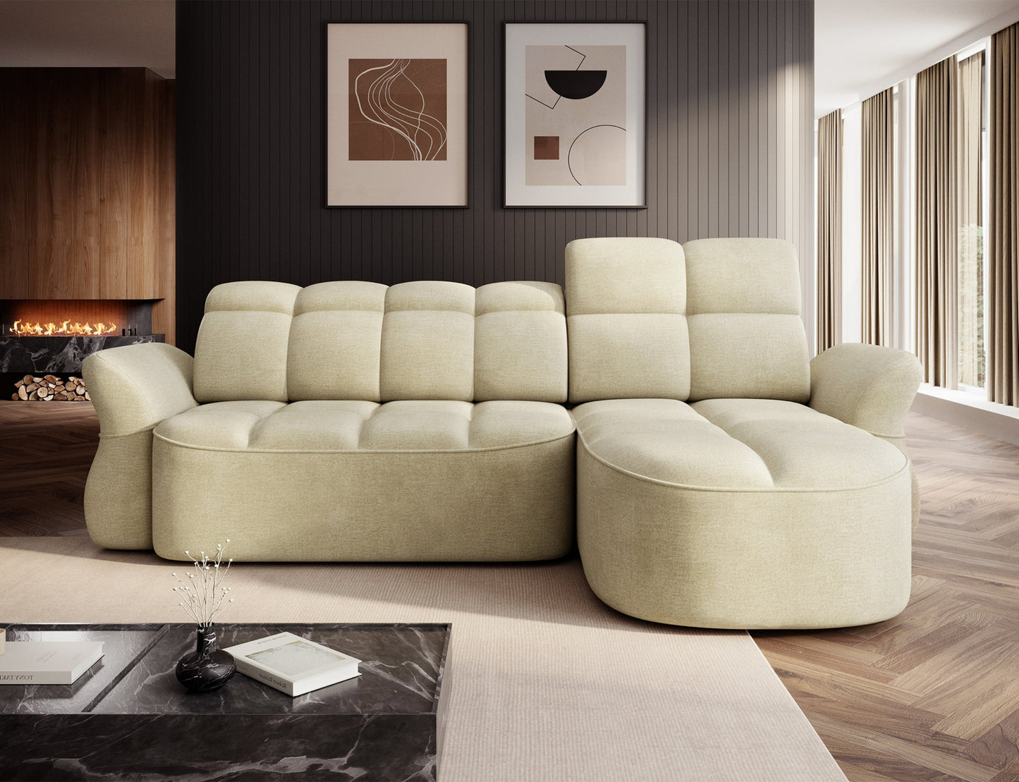 Jasnobeżowy narożnik L-kształtny prawy z funkcją spania, elektrycznym wysuwem siedziska i pojemnikiem na pościel