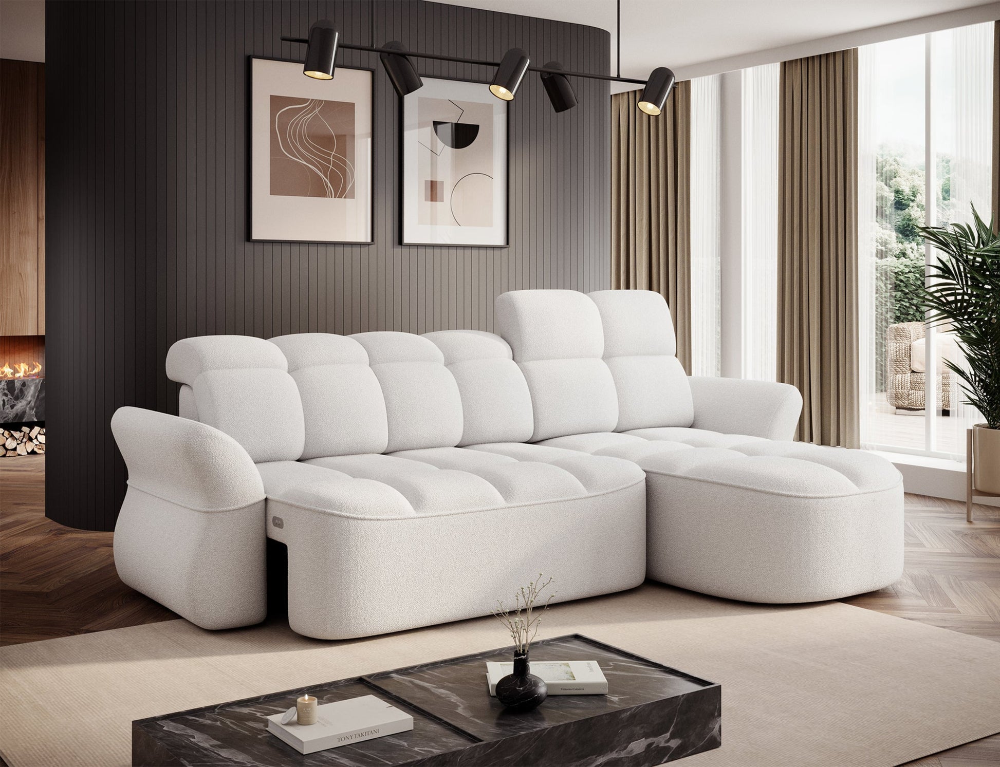 Biały narożnik L-kształtny prawy z funkcją spania, elektrycznym wysuwem siedziska i pojemnikiem na pościel