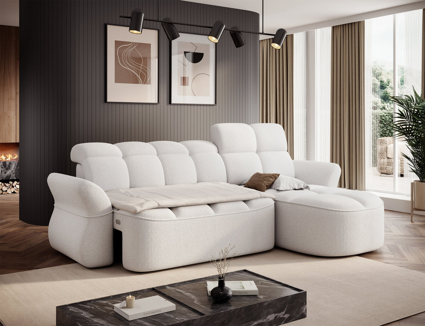 Biały narożnik L-kształtny prawy z funkcją spania, elektrycznym wysuwem siedziska i pojemnikiem na pościel