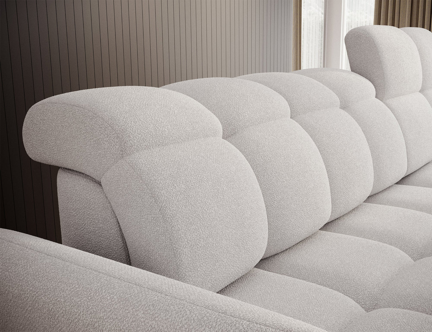 Biały narożnik L-kształtny prawy z funkcją spania, elektrycznym wysuwem siedziska i pojemnikiem na pościel